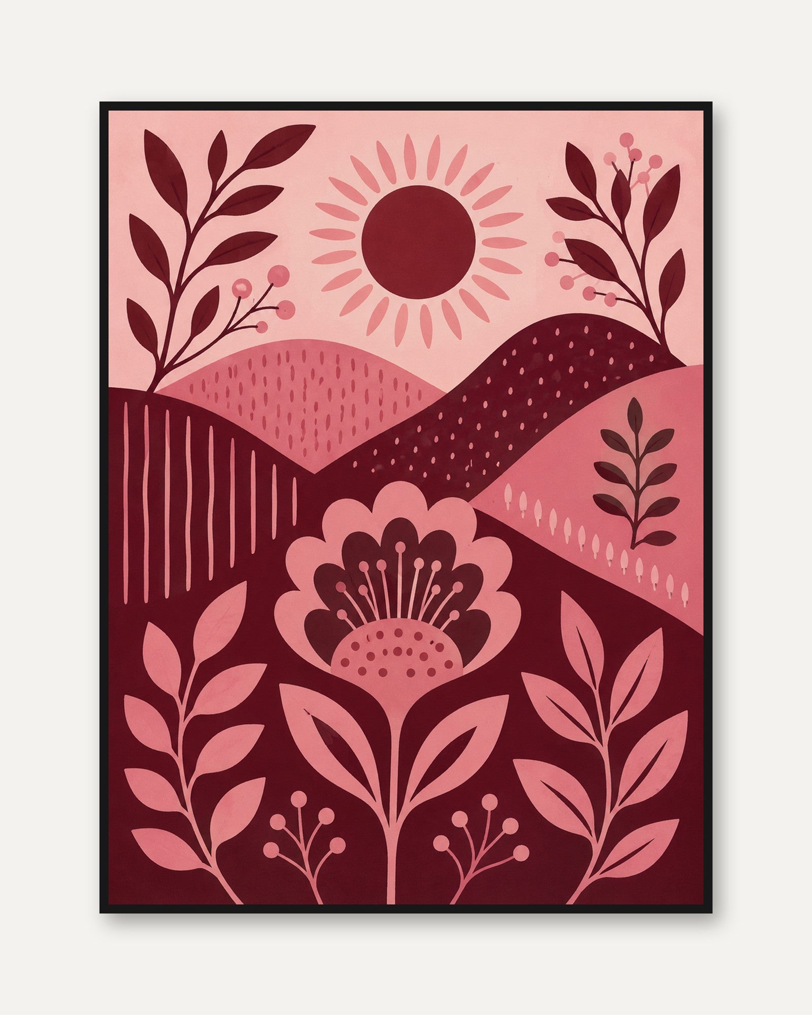 Folk Art Floral Print – Pink Sun Landscape Art - framed