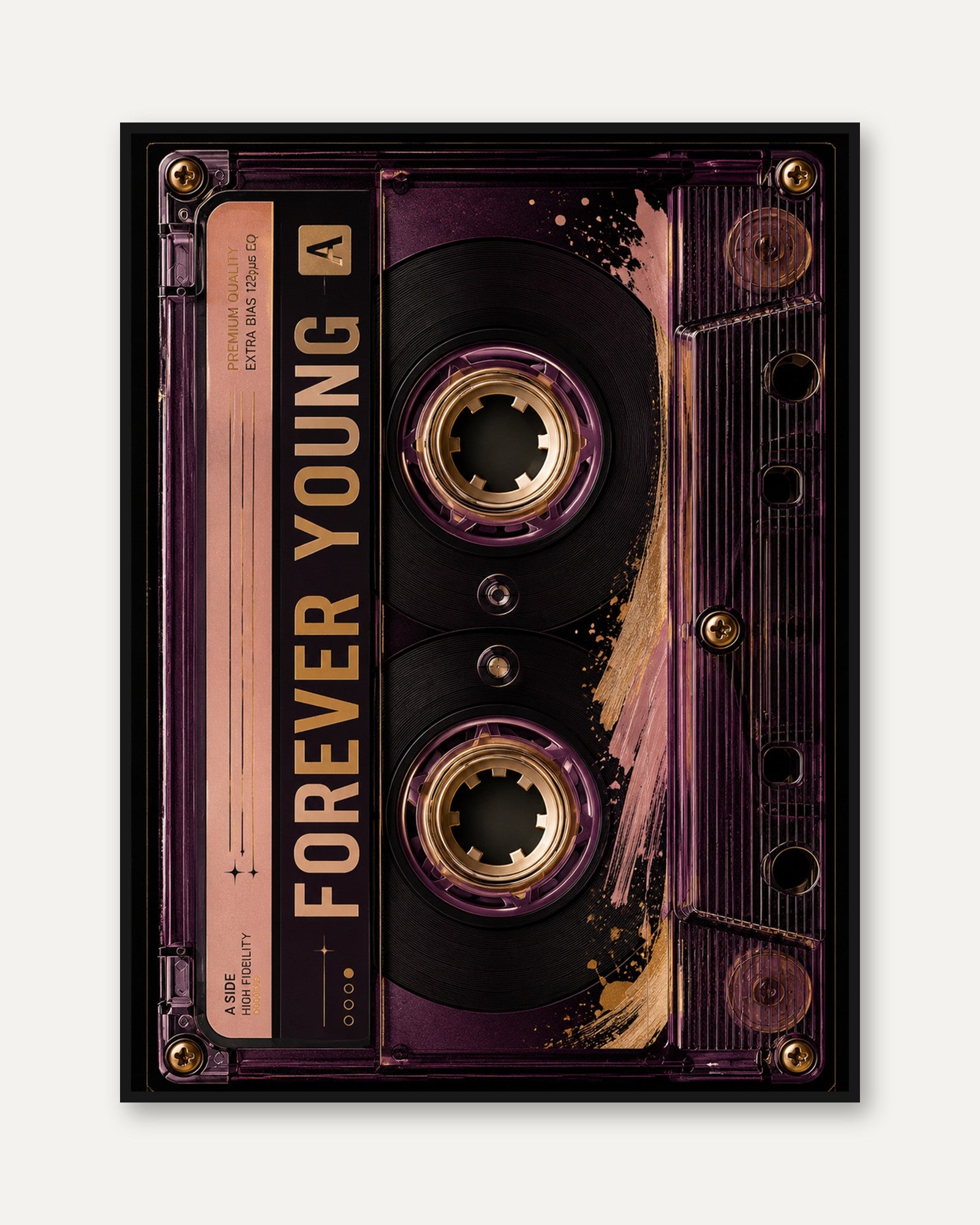Forever Young Cassette Tape Art Print: Purple Gold Retro Music - framed
