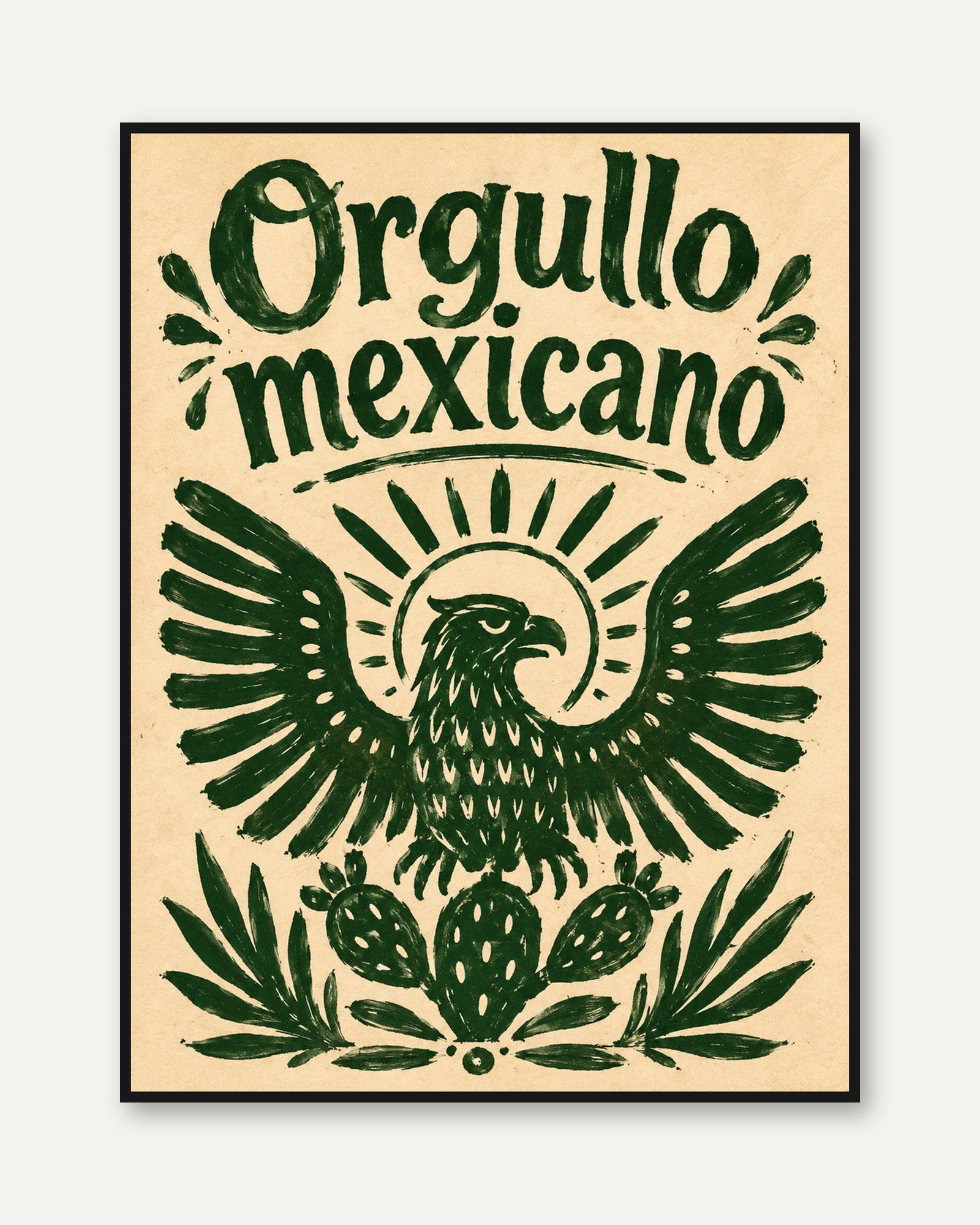 Mexican Eagle Folk Art Print: Vintage Green Typography Poster - framed