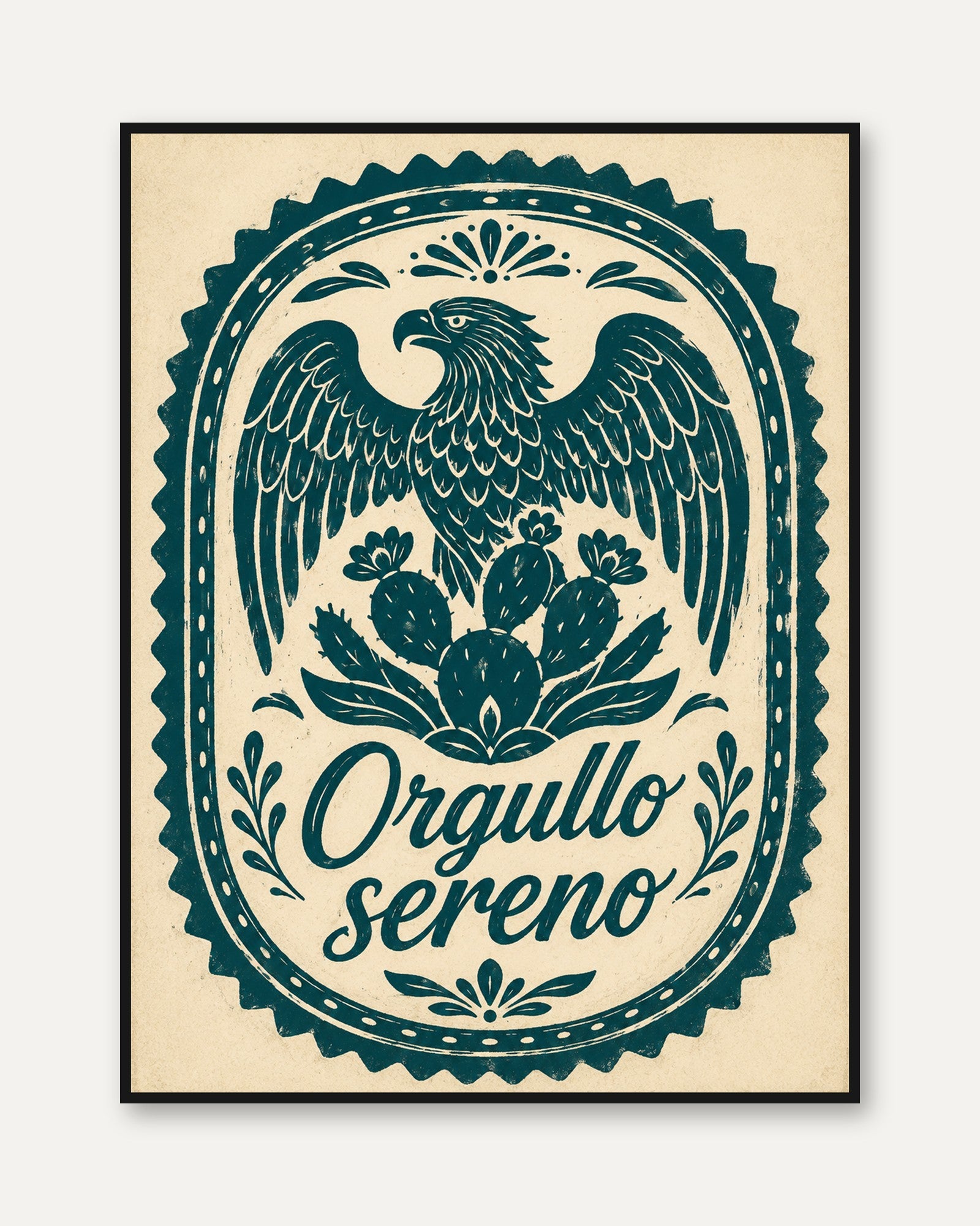 Mexican Eagle And Cactus Art Print: Teal Folk Art Design - framed