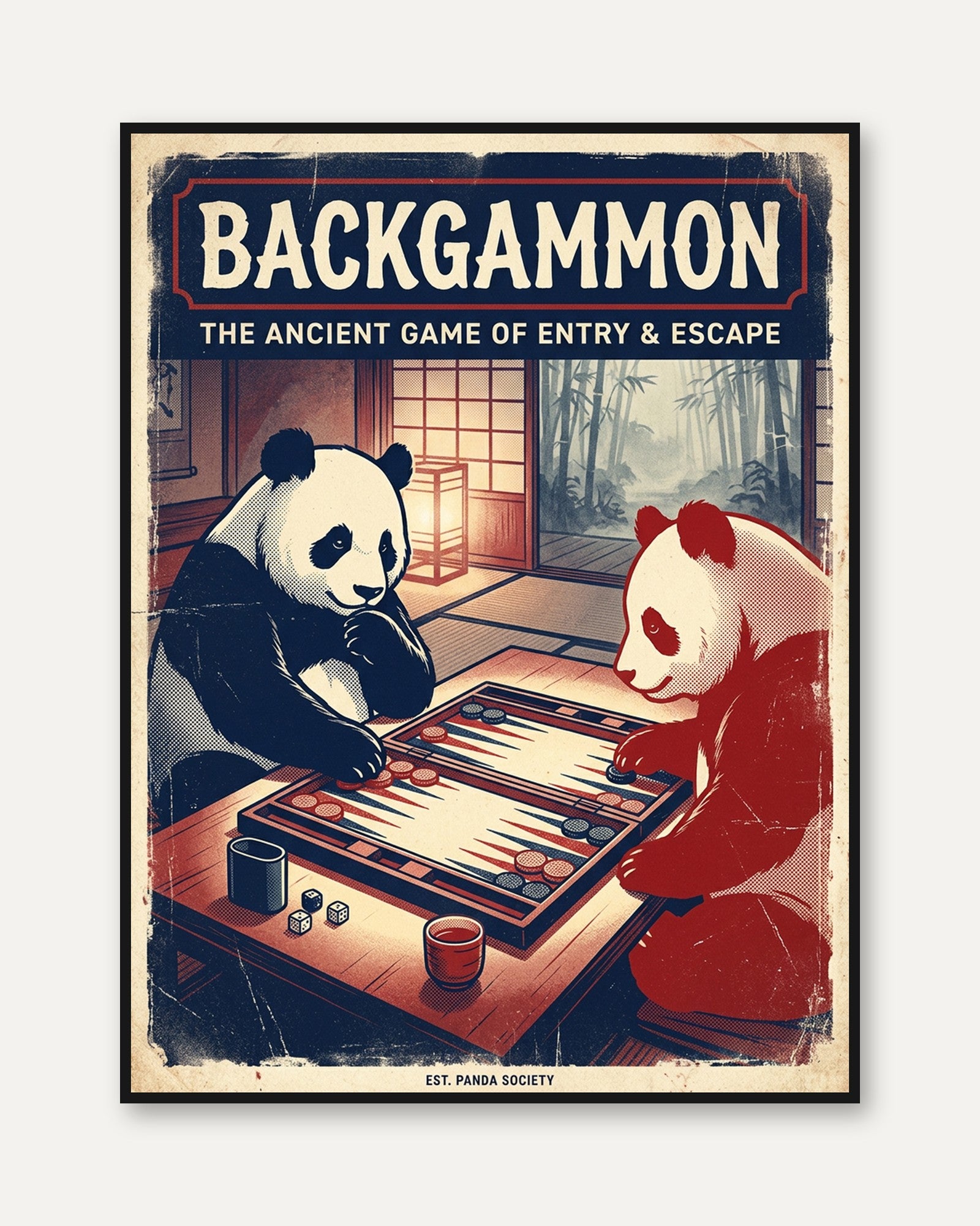 Backgammon Pandas Poster: Vintage Japanese Game Room Art Print - framed