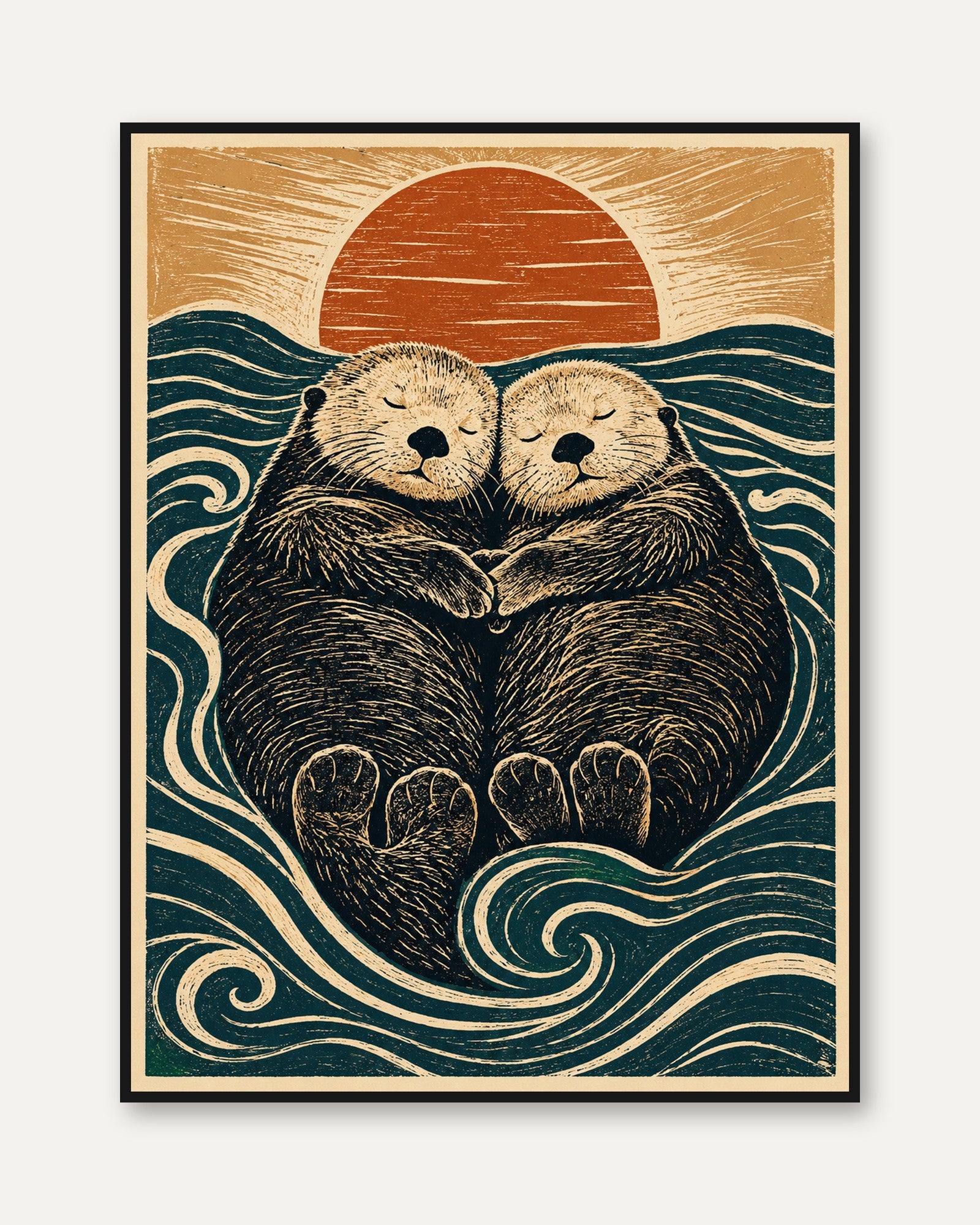Otter Couple Linocut Print — Vintage Woodblock Style - framed