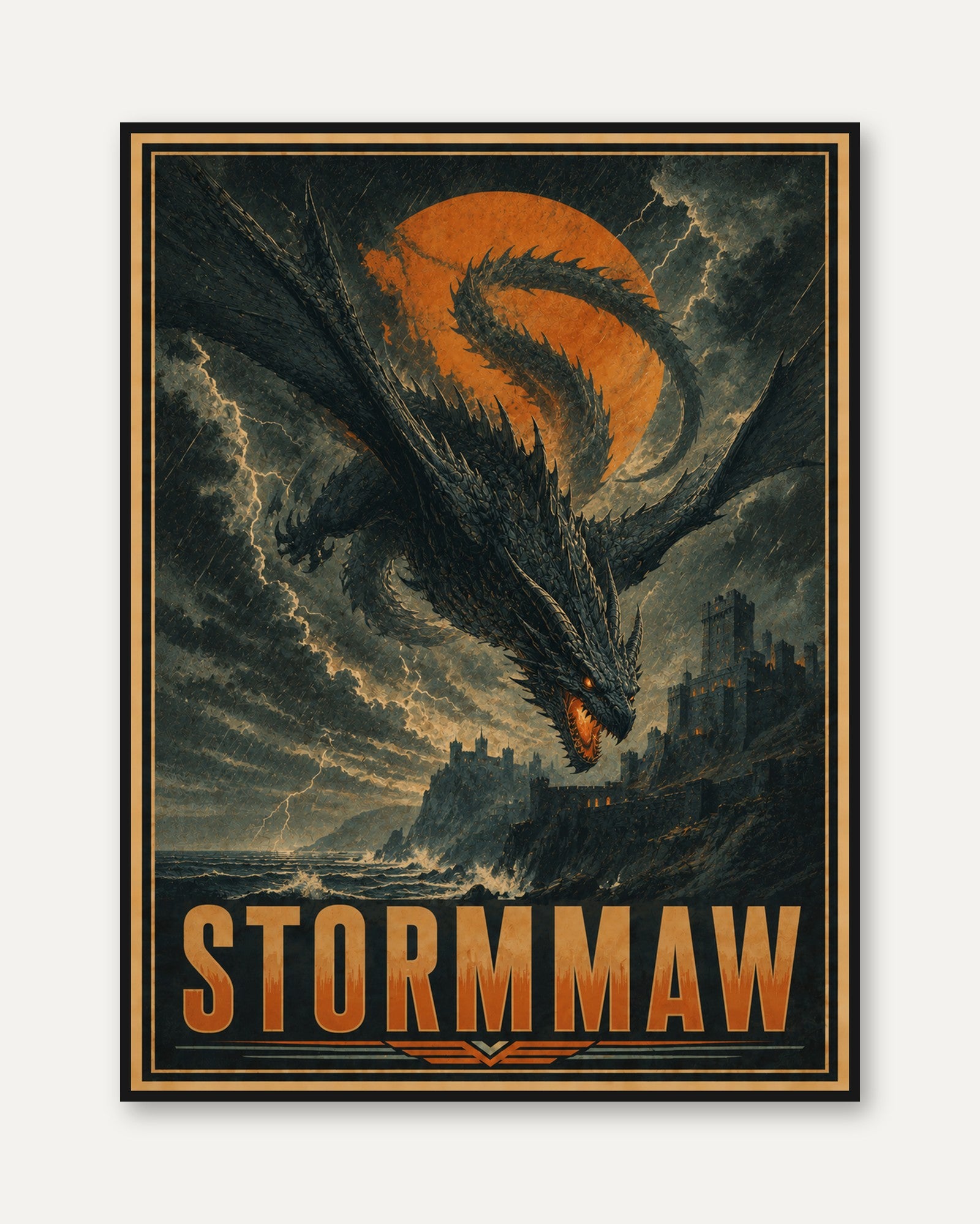 Storm Dragon Art Print: Dark Fantasy Illustration - framed