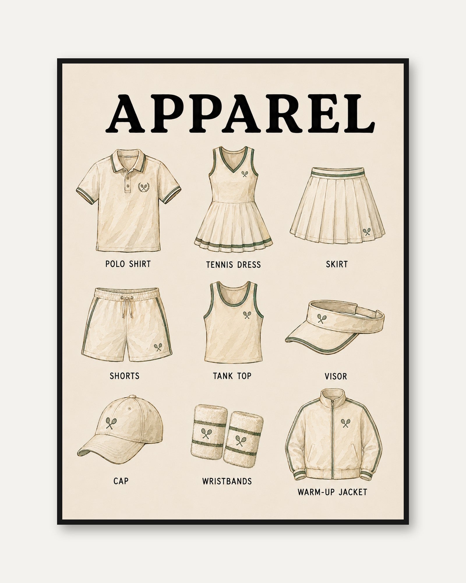Tennis Apparel Art Print — Vintage Sports Illustration - framed