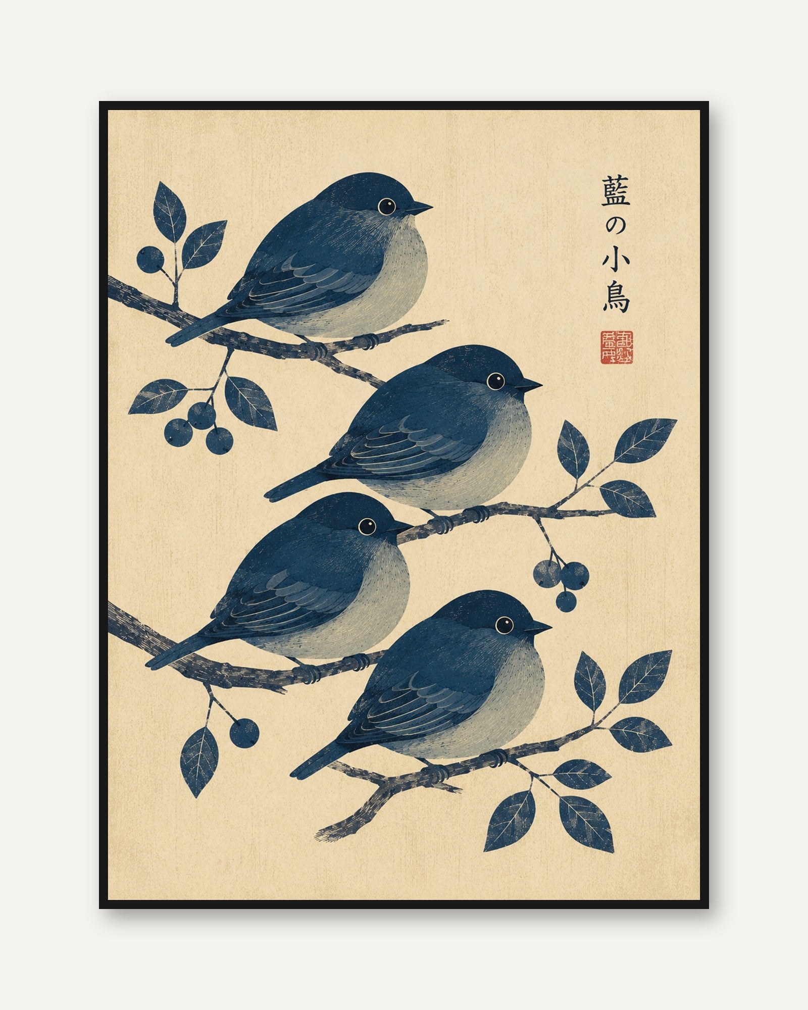 Japanese Blue Birds on Branch: Traditional Woodblock Style Print - framed