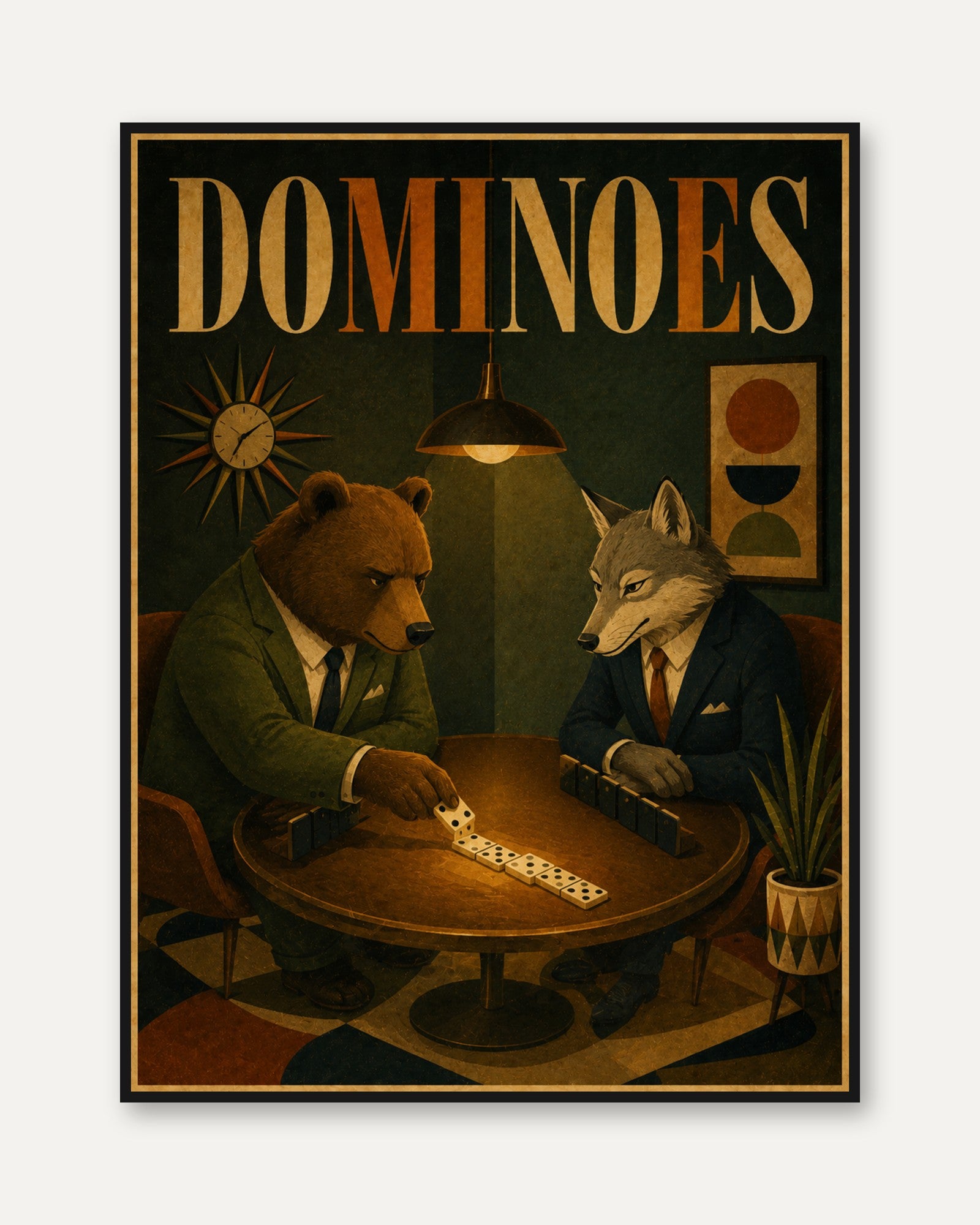 Dominoes Game Art Print: Retro Bear and Wolf Illustration - framed