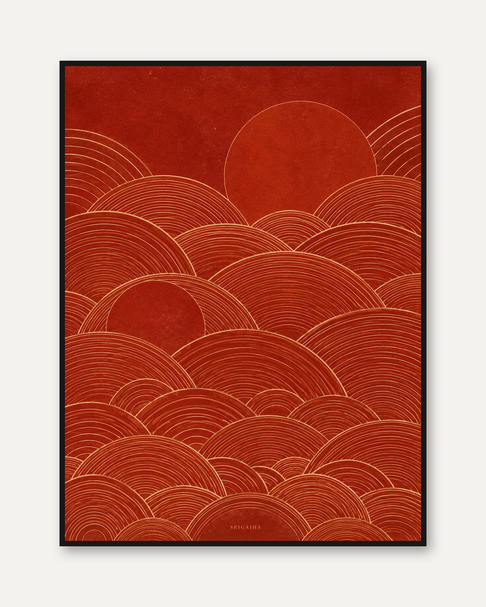 Japanese Wave Art Print: Red Seigaiha Pattern with Sun - framed