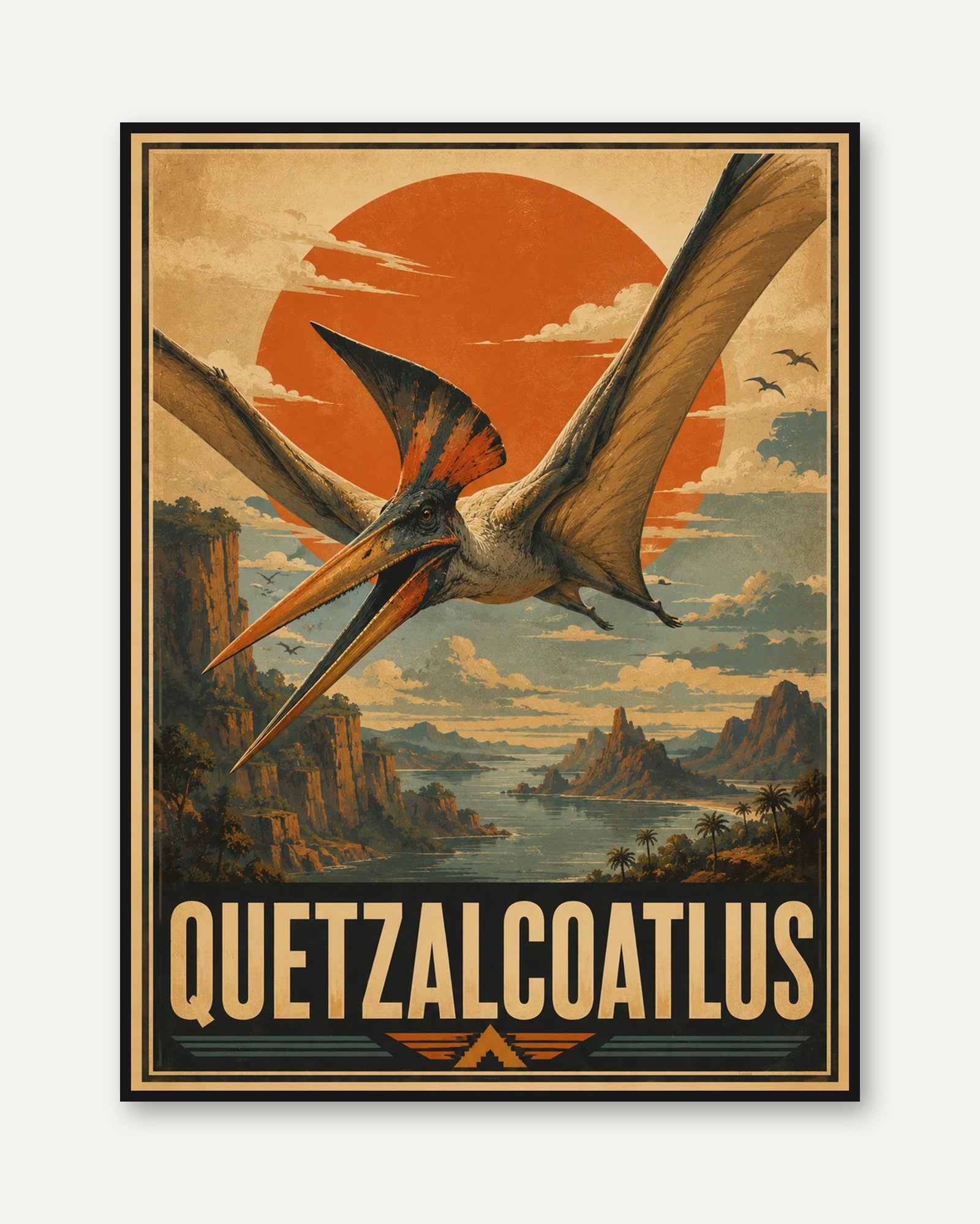 Quetzalcoatlus Poster: Vintage Dinosaur Travel Art Print - framed