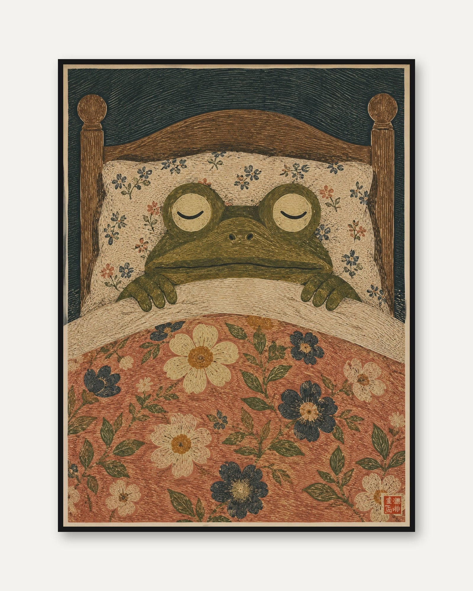 Frog in Bed Wall Art – Vintage Folk Art Print - framed
