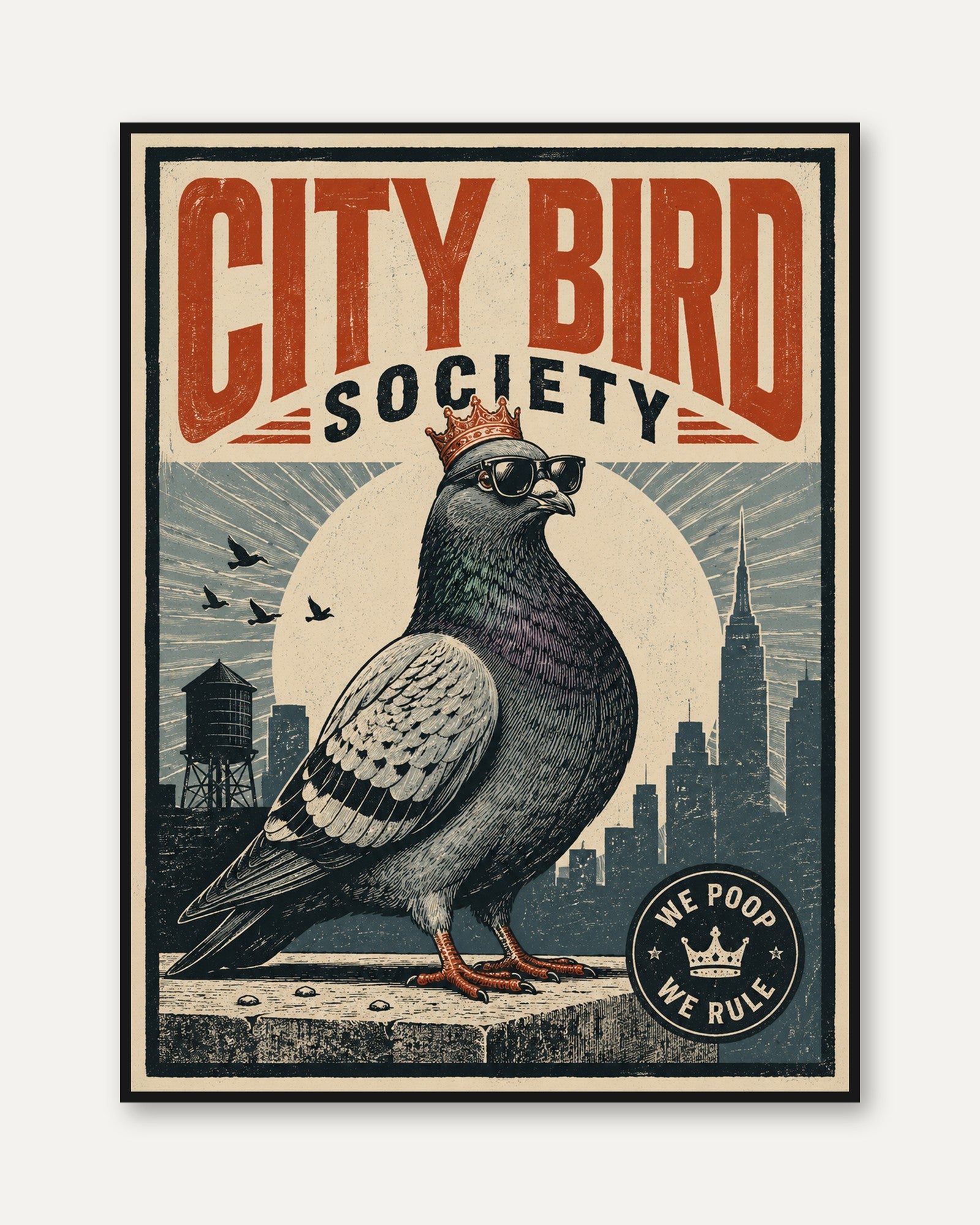 City Bird Society Poster: Vintage Pigeon Art - framed