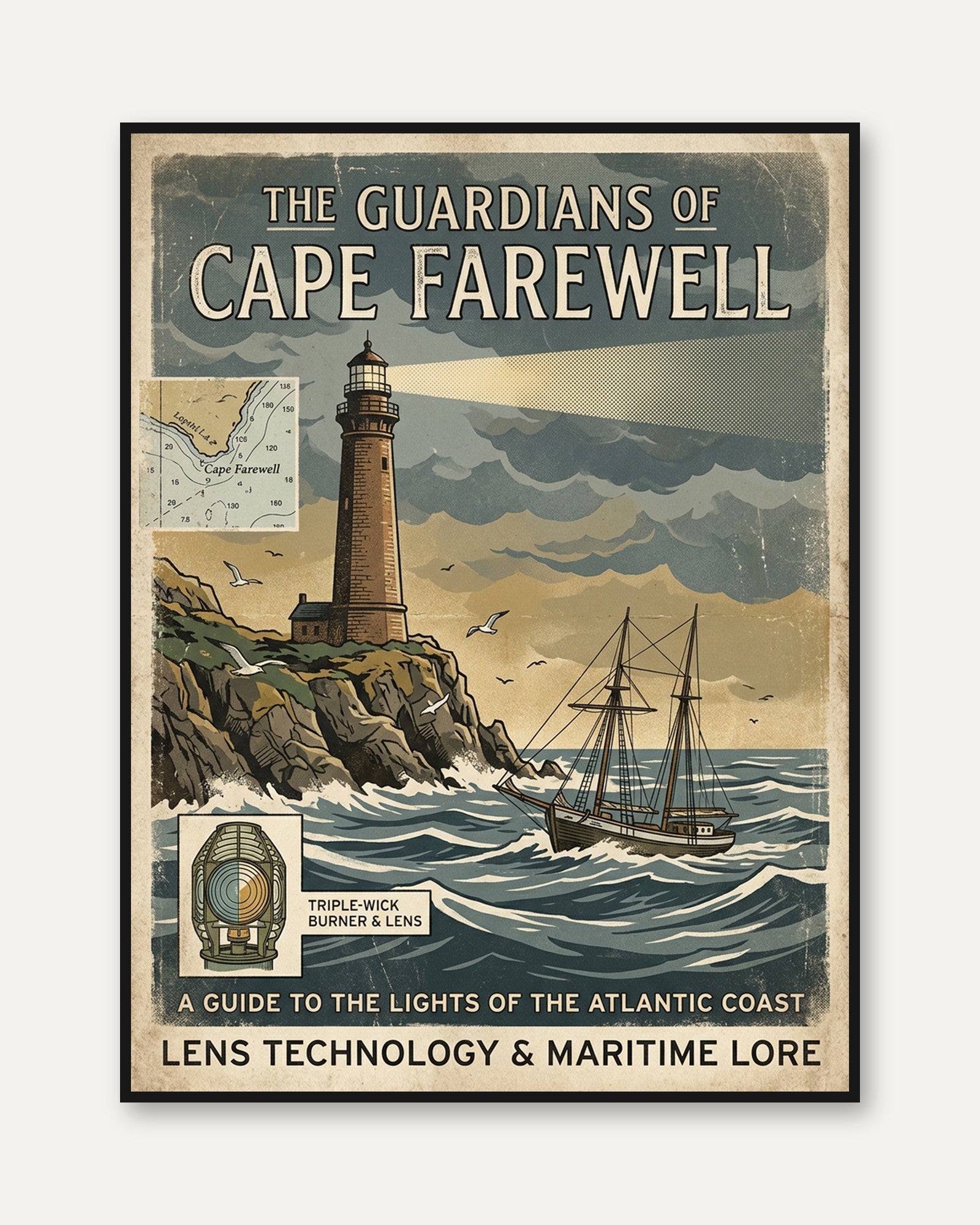 Cape Farewell Lighthouse Poster: Vintage Maritime Navigation Art - framed