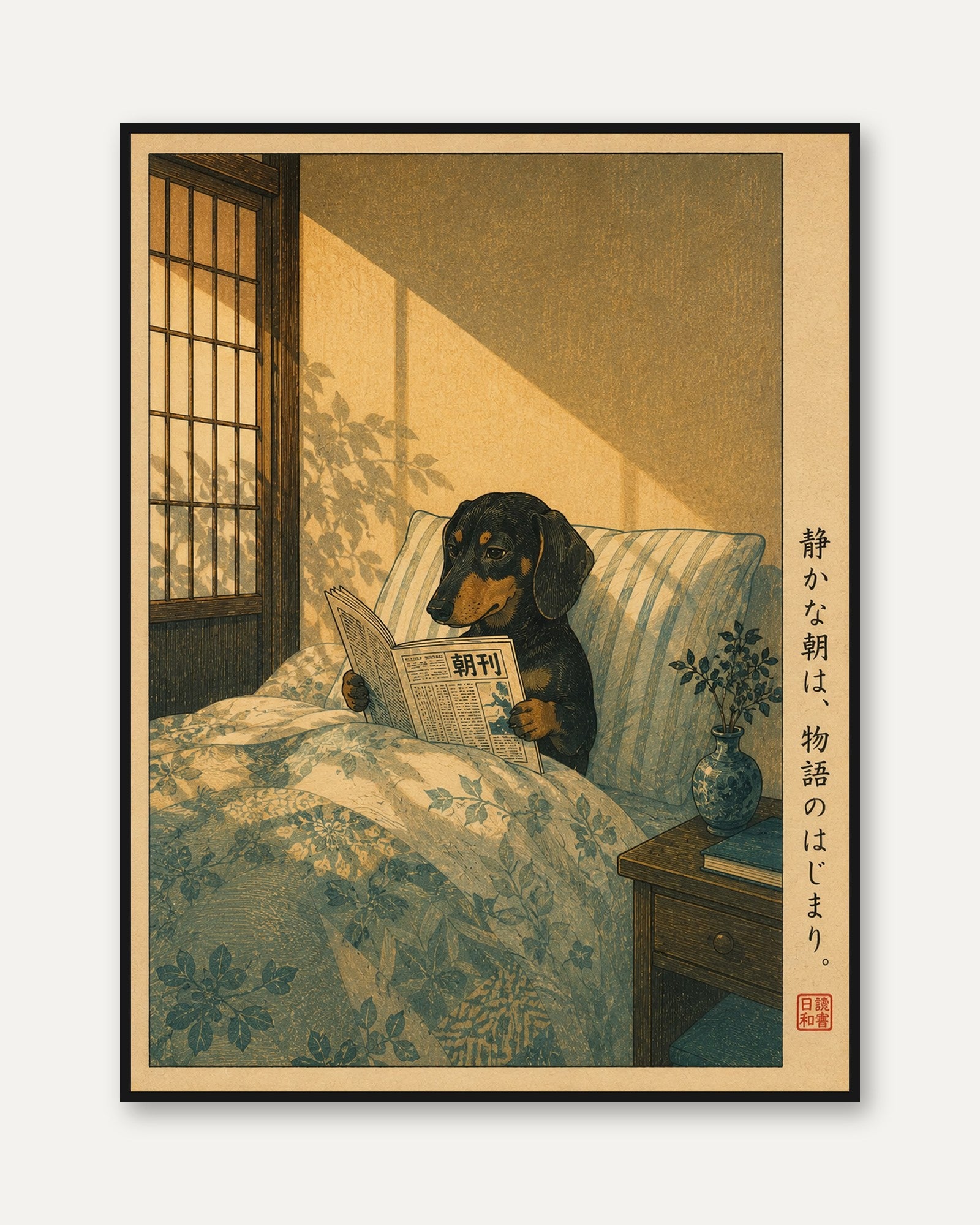 Japanese Dog Reading Art – Dachshund Wall Print - framed
