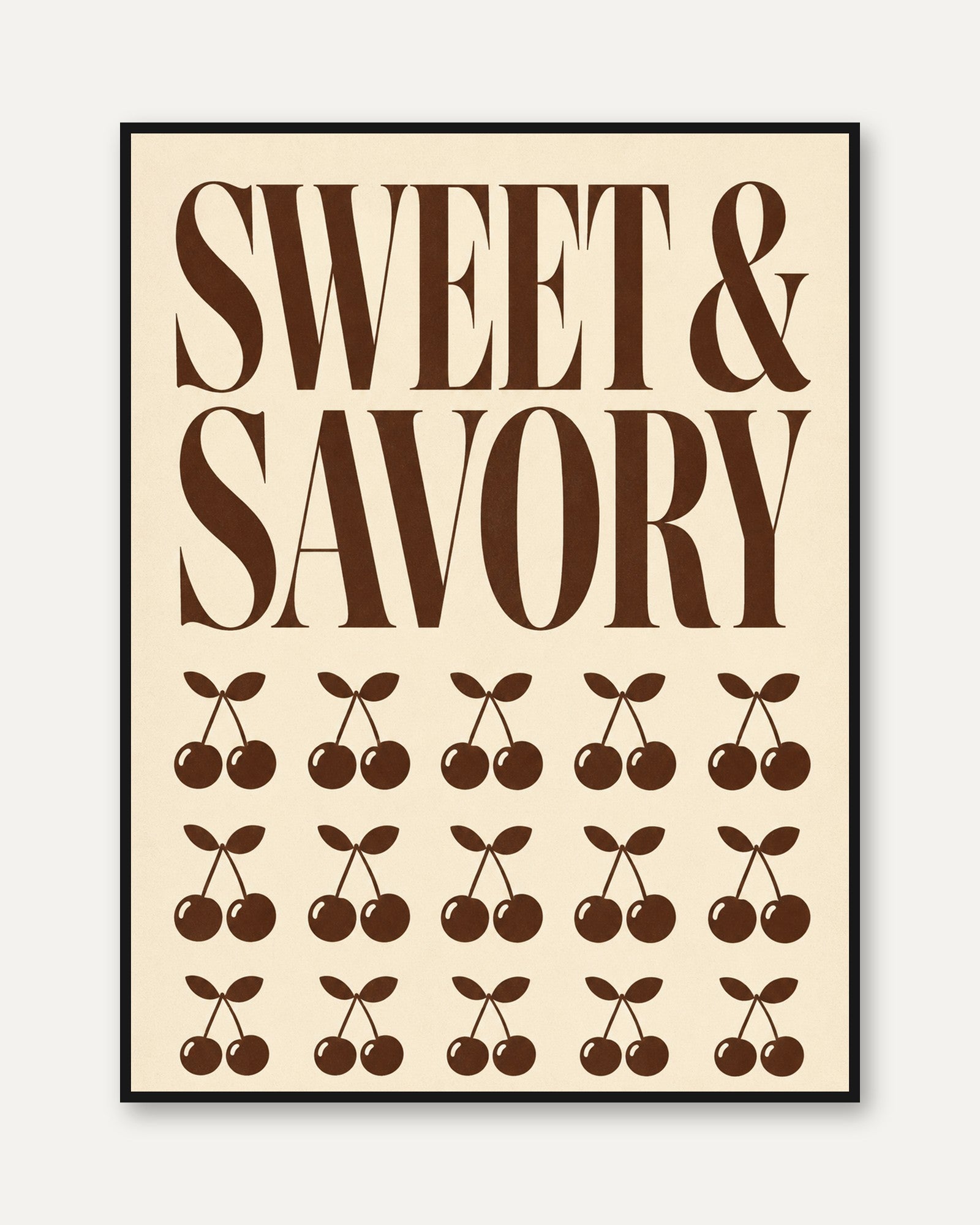 Cherry Typography Print: Retro Kitchen Wall Art (Brown & Cream) - framed