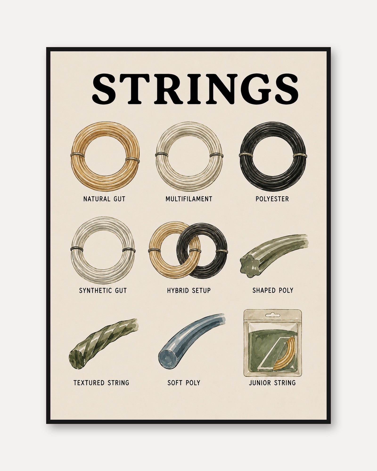 Tennis Strings Guide Poster: Vintage Educational Illustration - framed