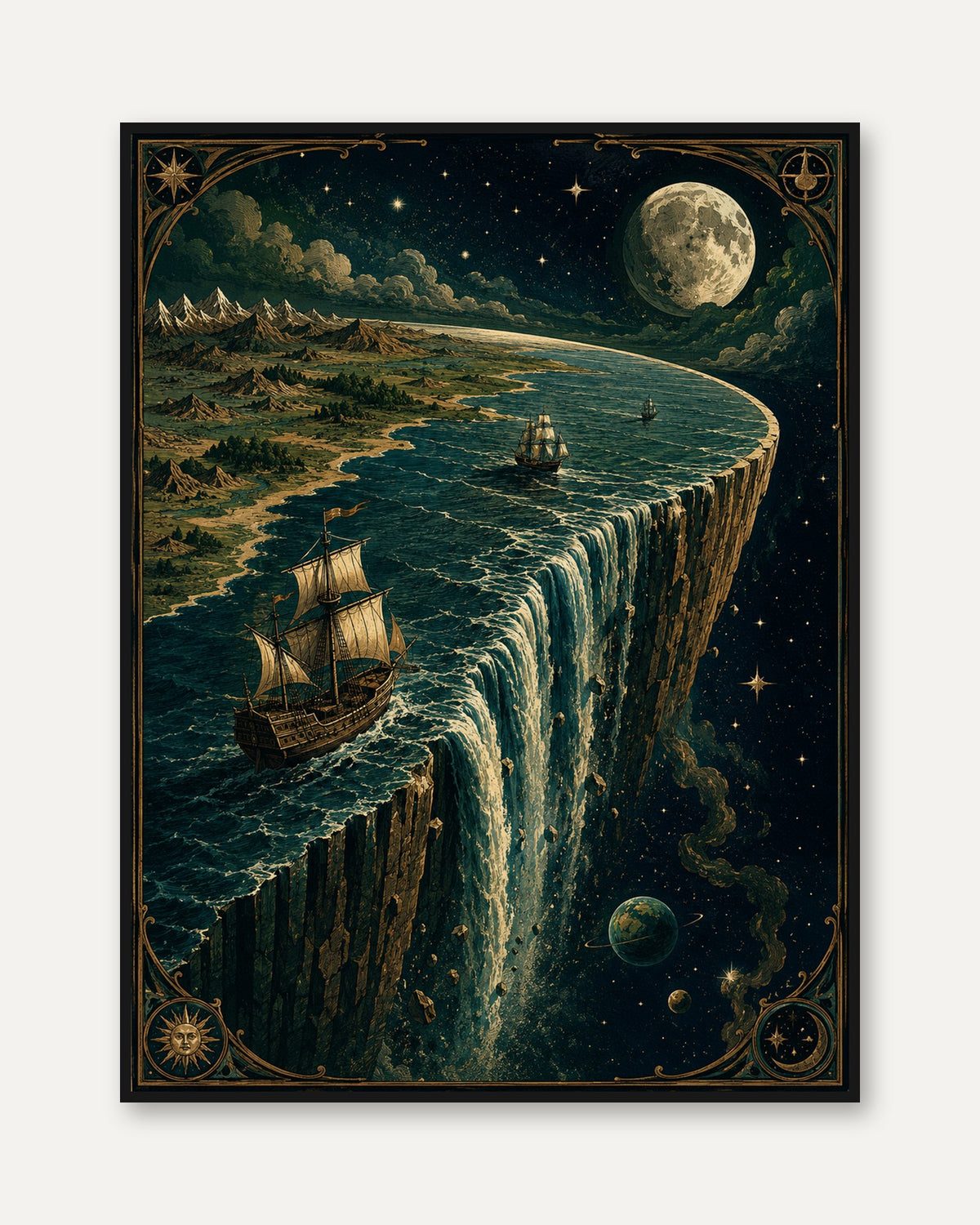 Flat Earth Sailing Ship Print: Vintage Celestial Map Art - framed