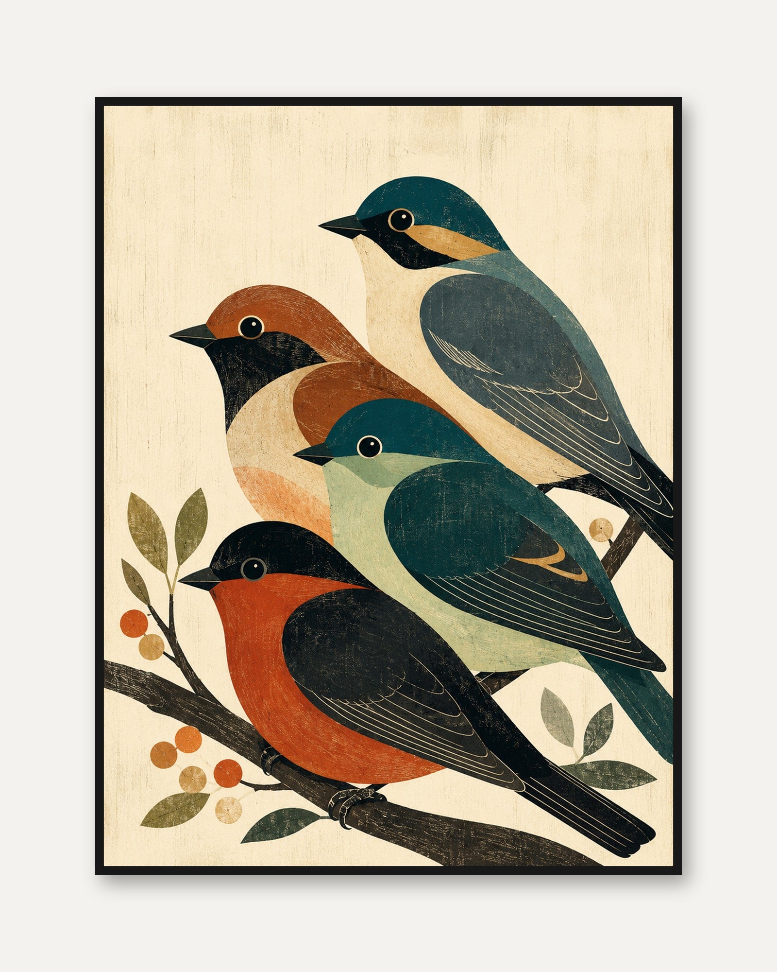 Vintage Birds on Branch Print: Mid-Century Folk Art Design - framed