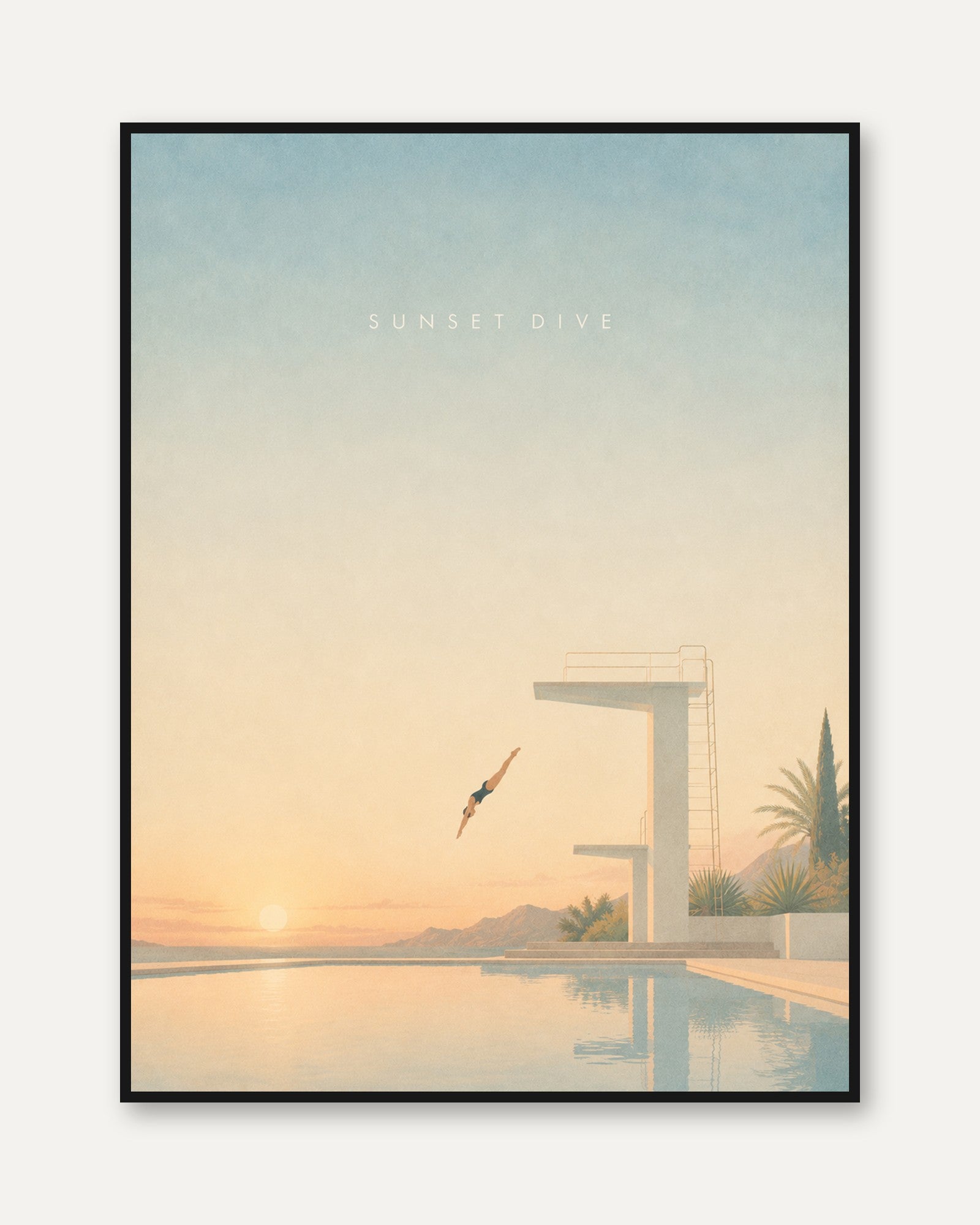 Sunset Pool Wall Art – Minimalist Diving Print - framed