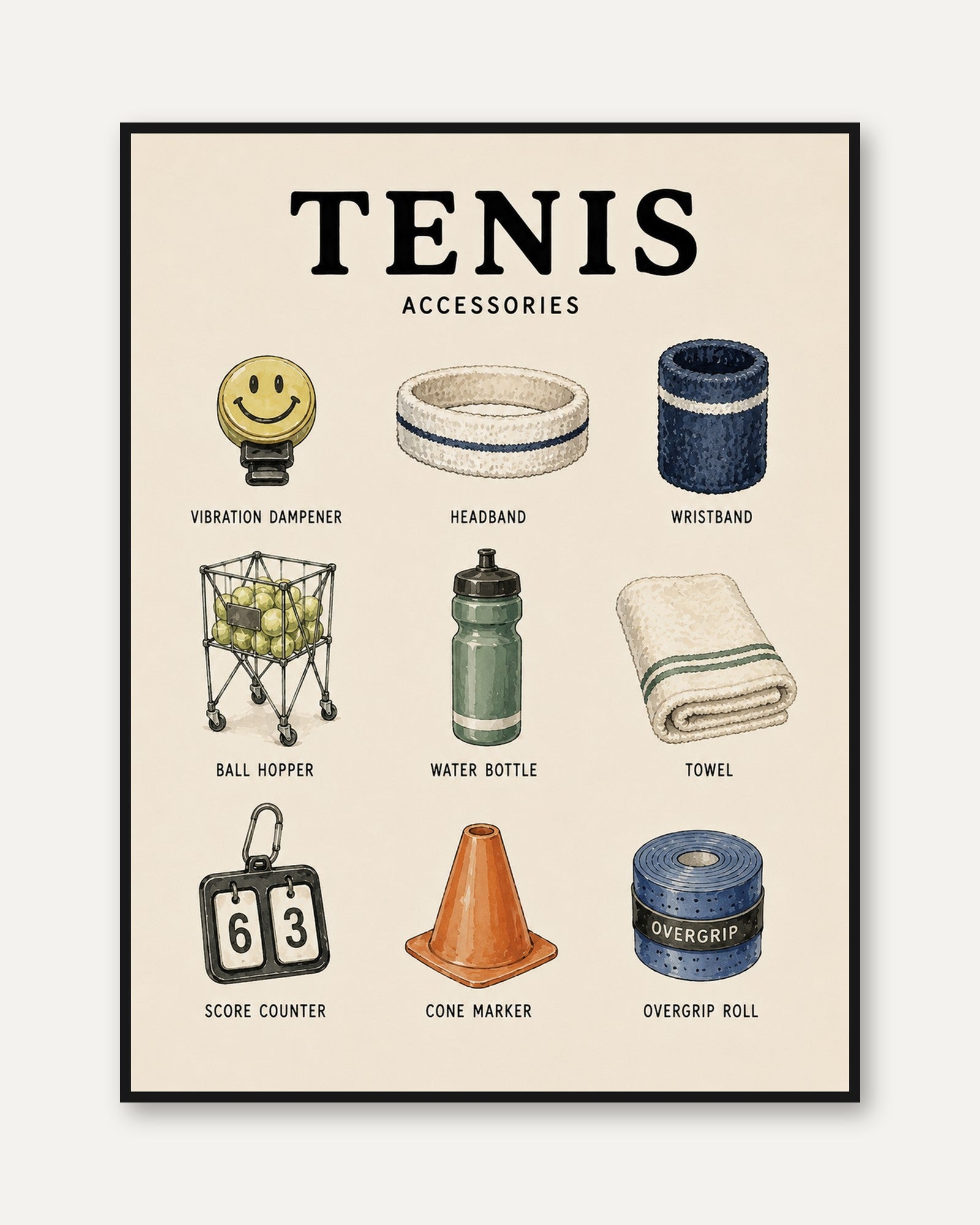 Tennis Accessories Print — Vintage Sports Illustration - framed