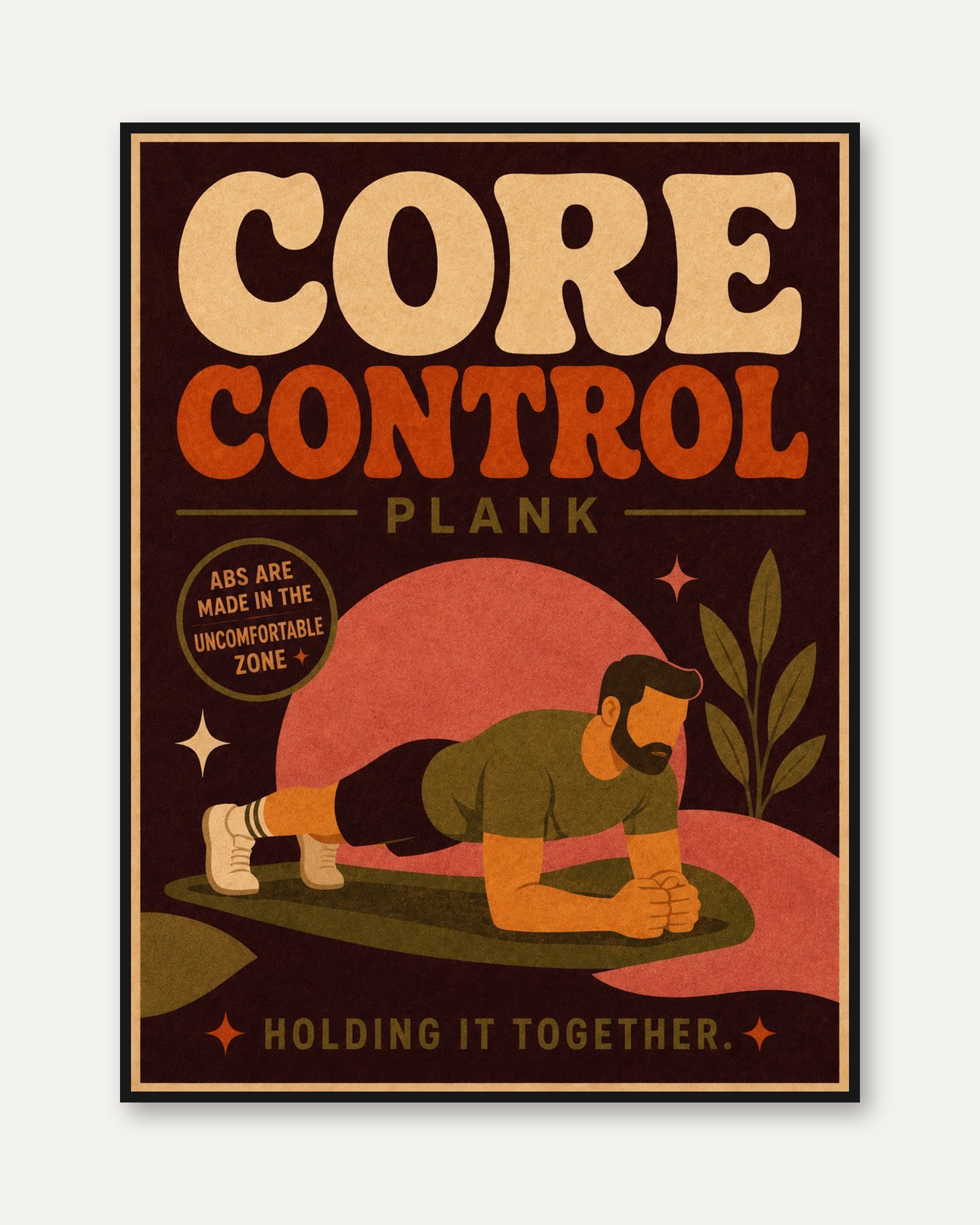 Core Control Plank Poster: Retro Fitness Motivational Art Print - framed