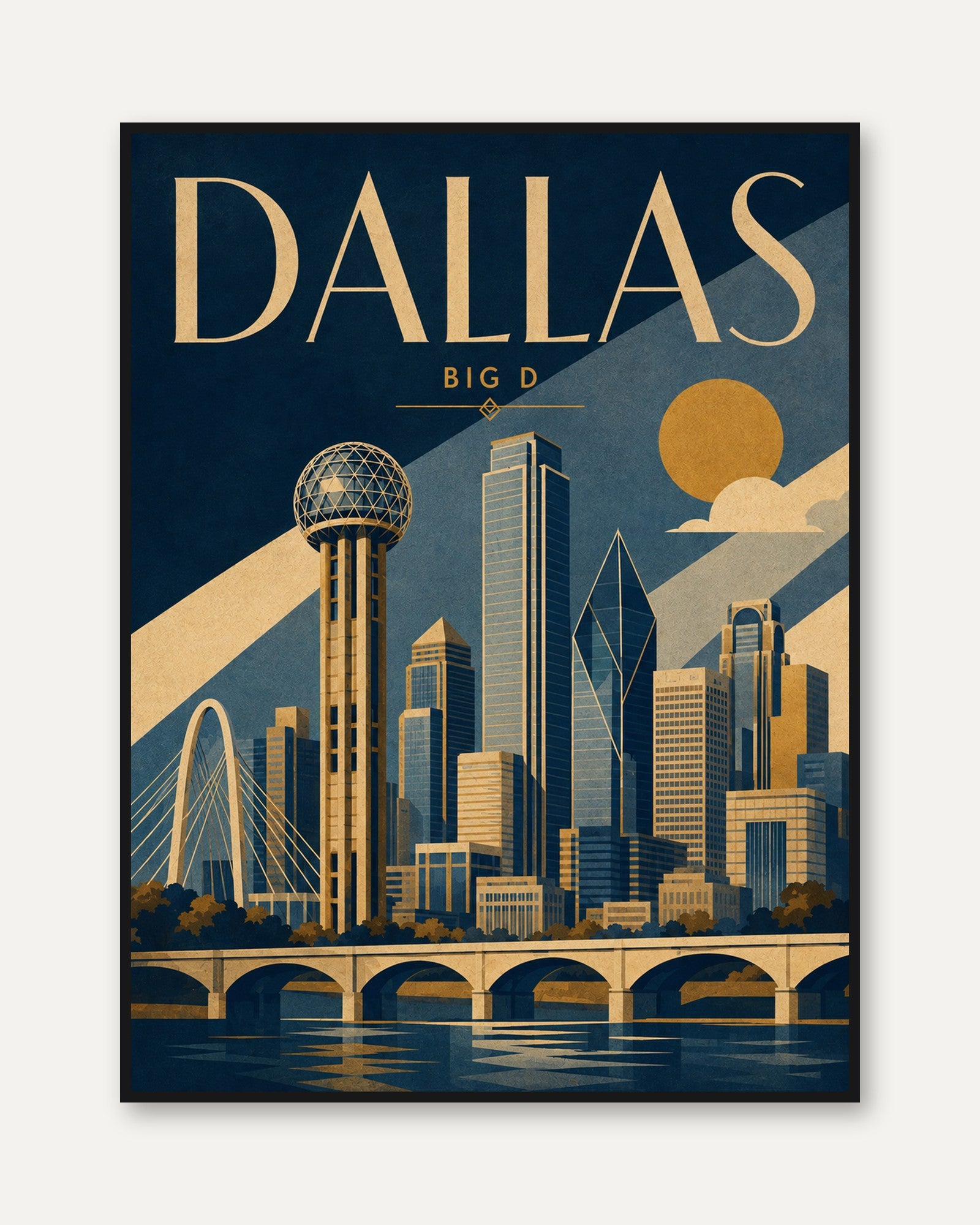 Dallas Skyline Art Print: Art Deco Cityscape Poster in Navy and Gold - framed