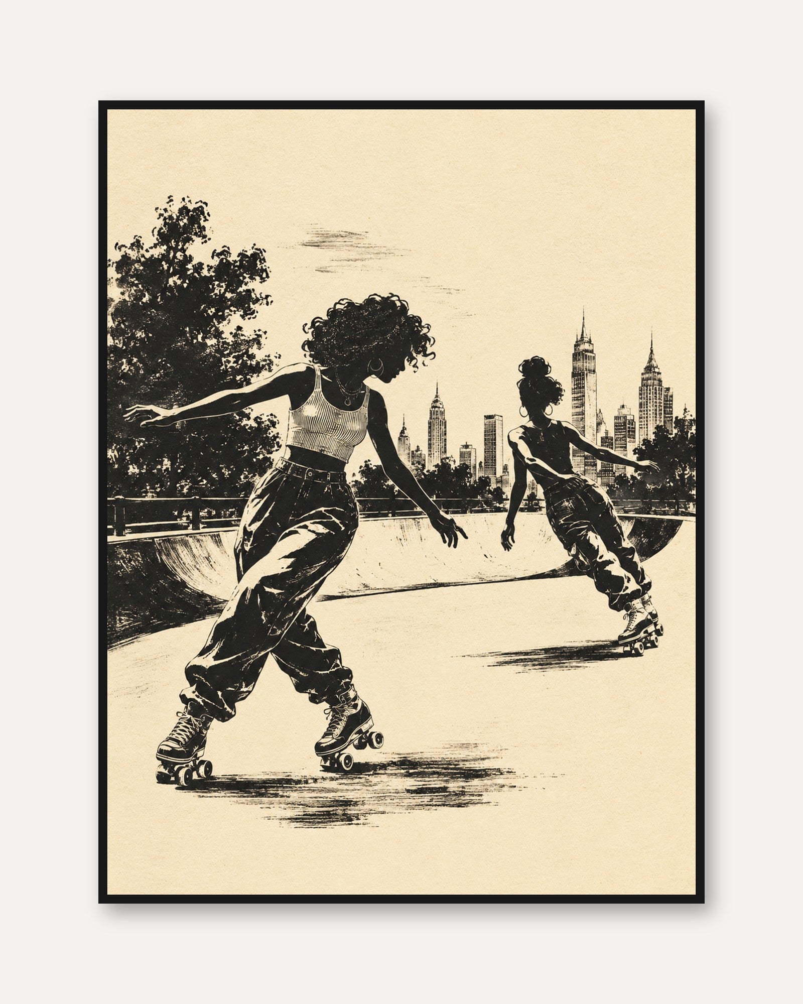 Roller Skating in Central Park Art Print: Vintage Urban Silhouette - framed