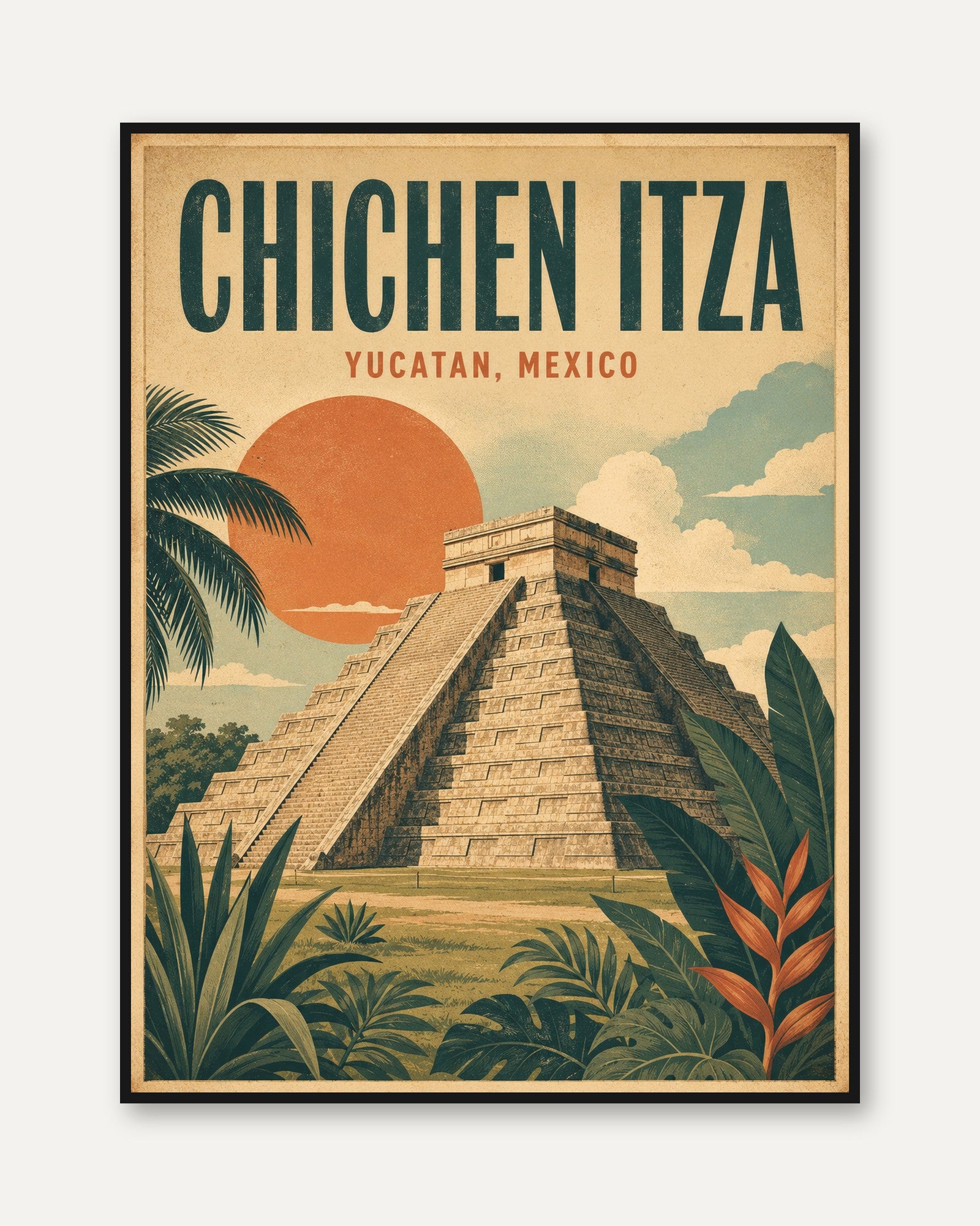 Chichen Itza Travel Poster – Retro Mexico Mid-Century Wall Art - framed