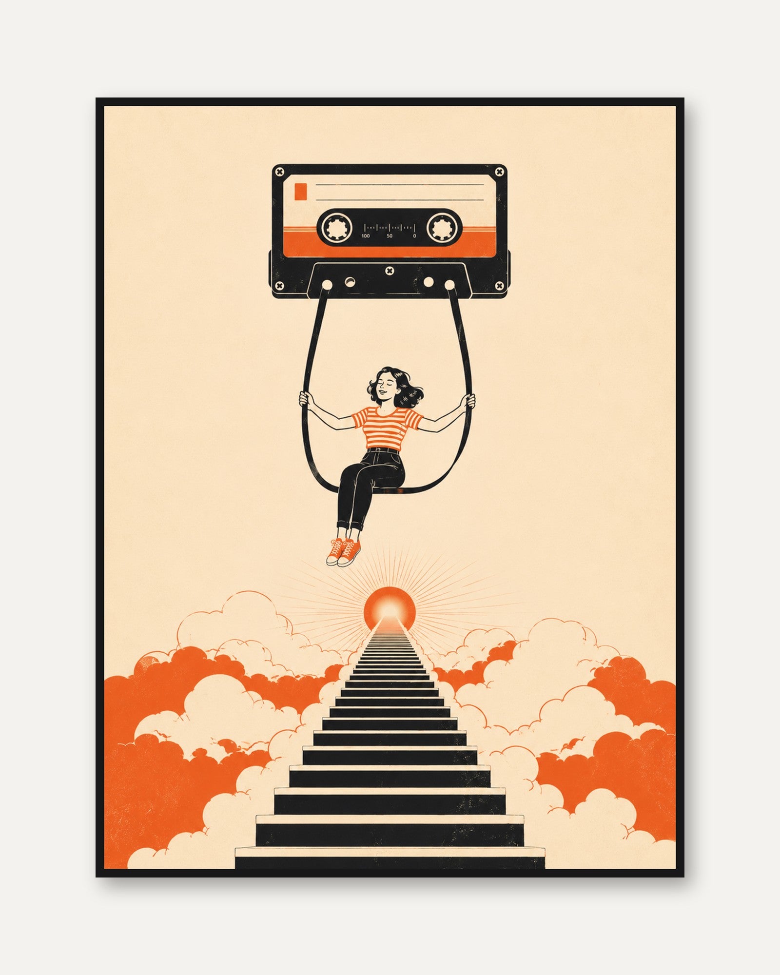 Cassette Tape Swing Art Print: Retro Music Nostalgia in Orange - framed