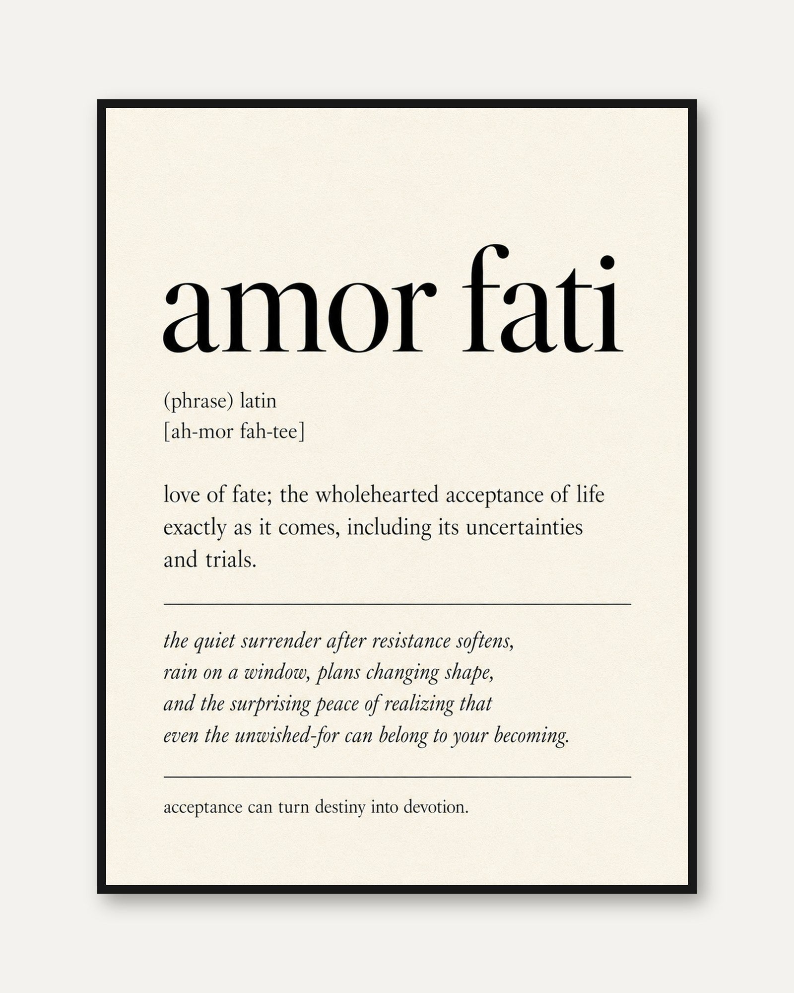 Amor Fati Definition Print: Minimalist Beige Typography Wall Art - framed
