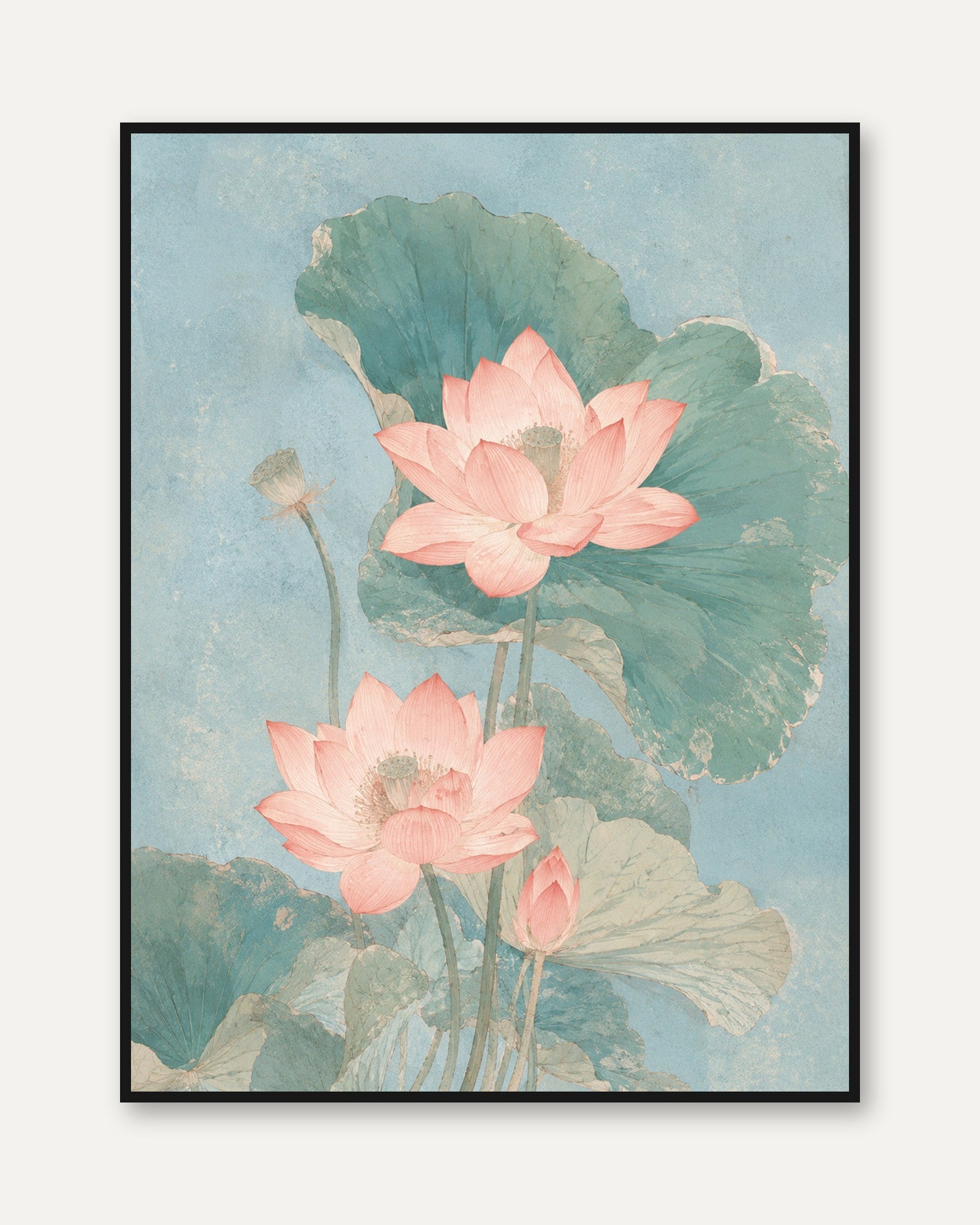 Pink Lotus Flowers Art Print: Vintage Botanical Watercolor - framed