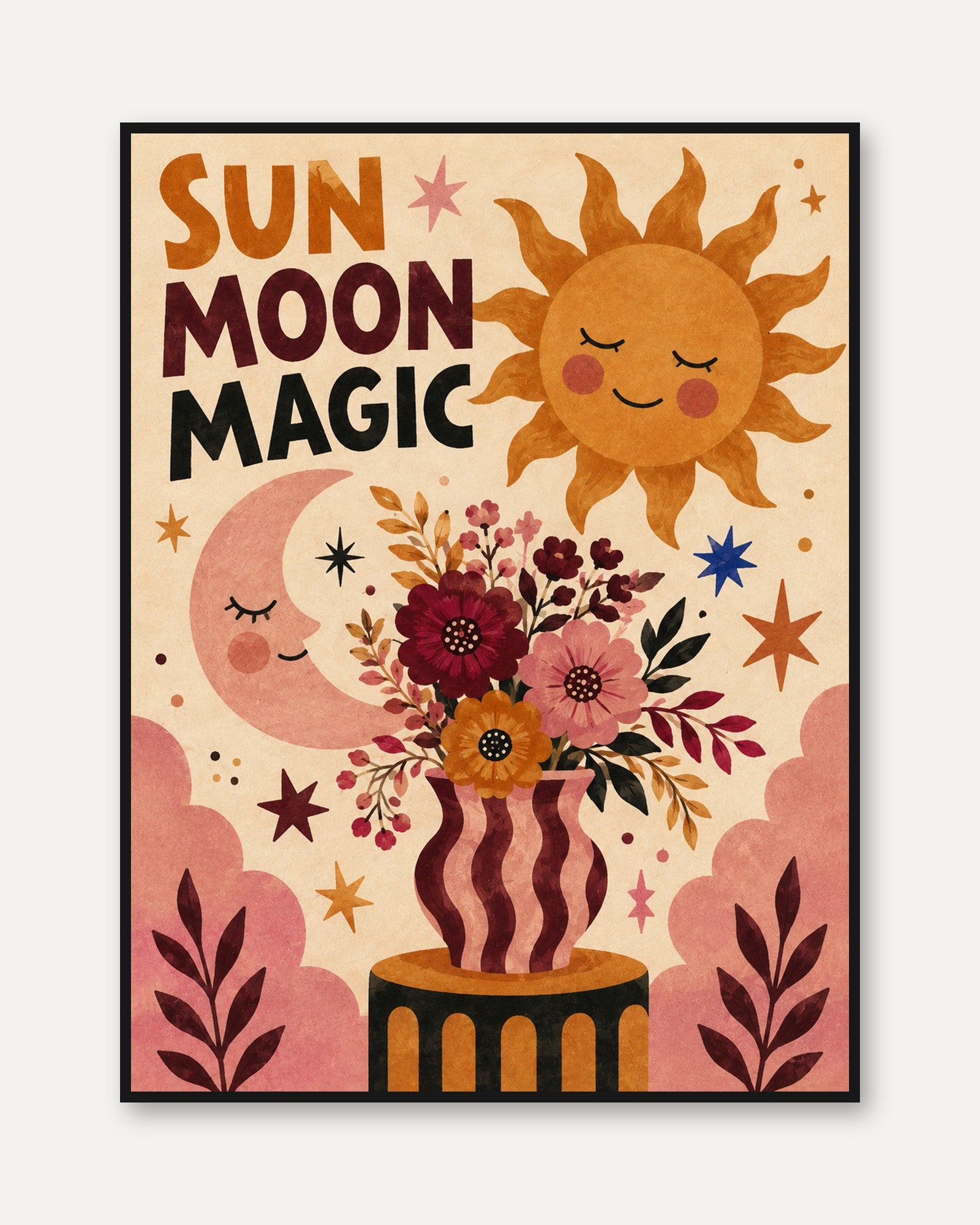 Sun Moon Magic Poster: Retro Celestial Folk Art with Flowers - framed