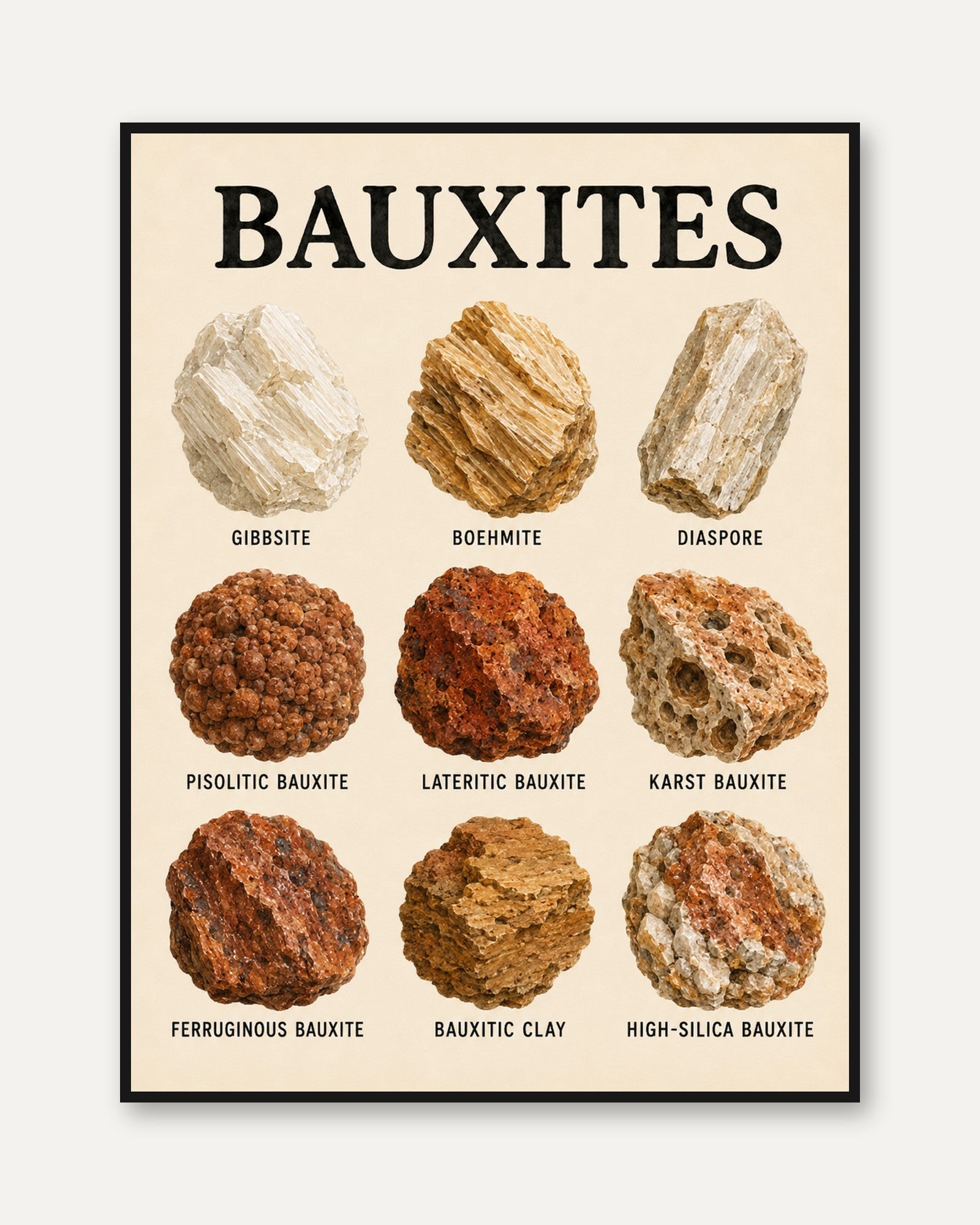 Bauxite Mineral Collection Poster: Vintage Educational Chart - framed