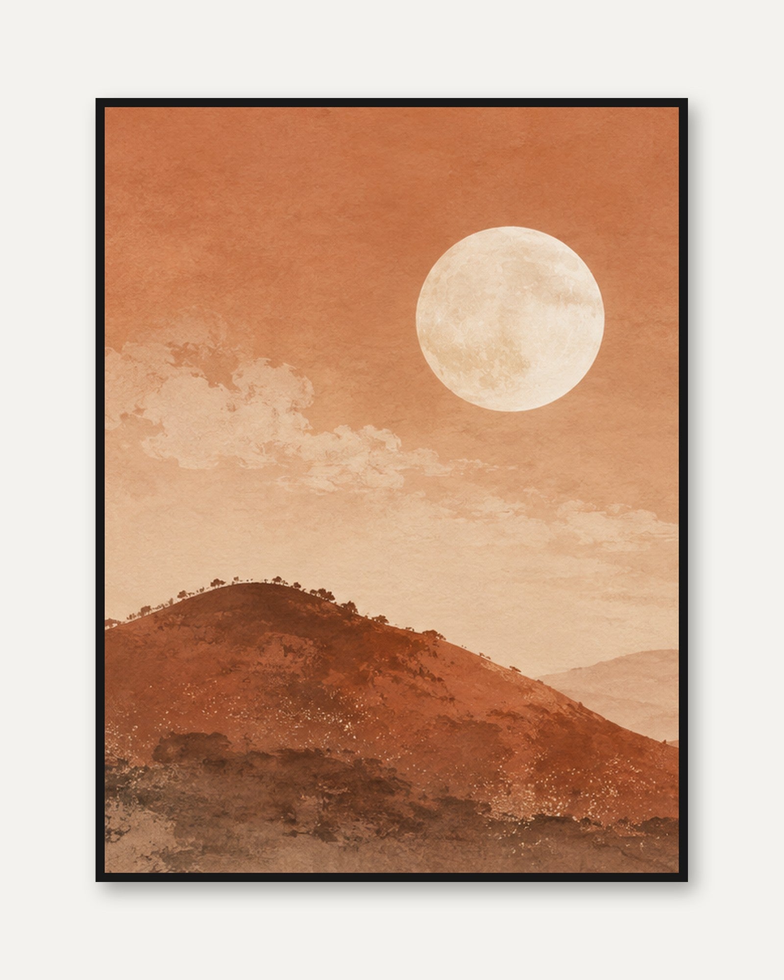 Desert Moon Landscape Print: Terracotta Minimalist Wall Art - framed