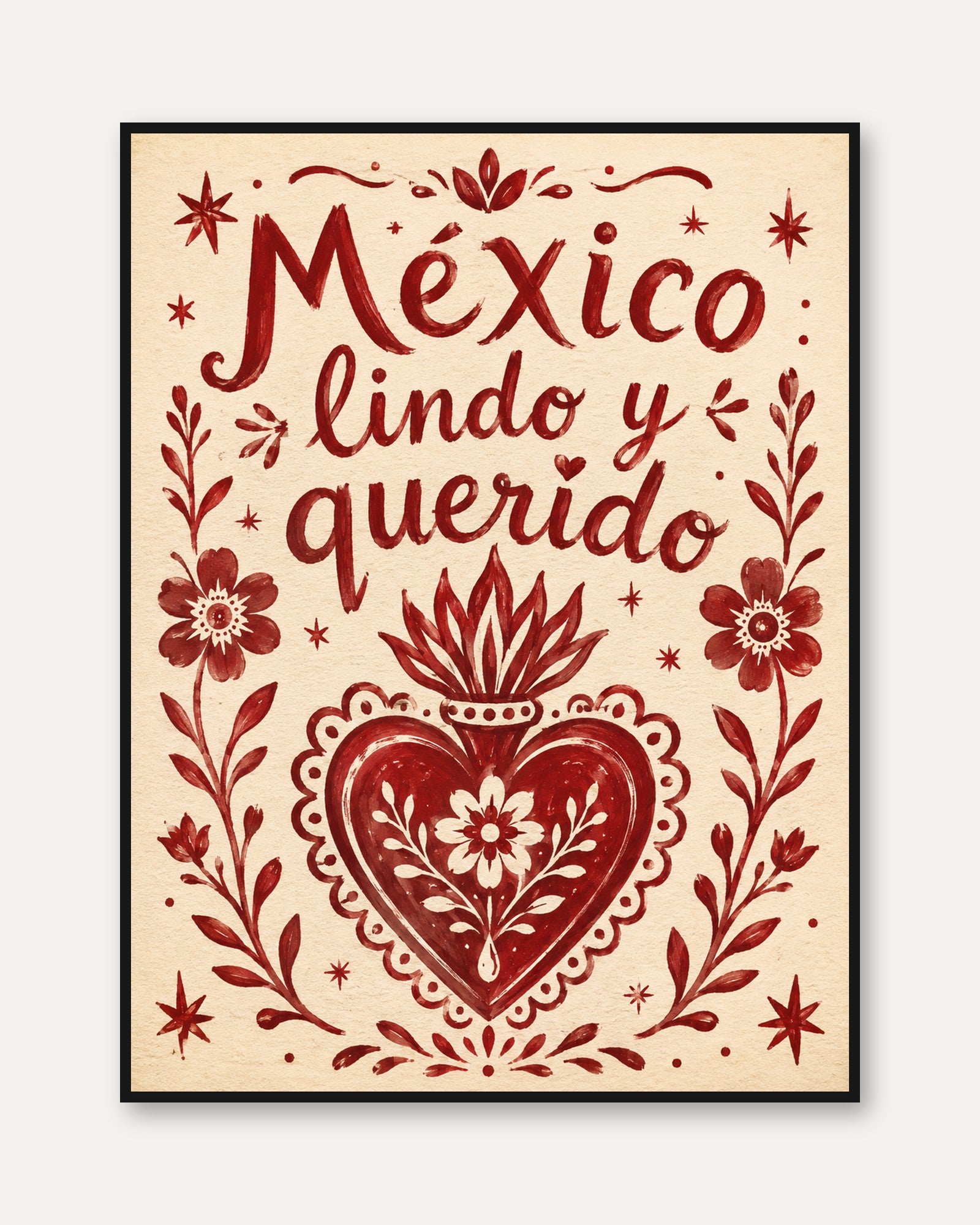 Mexico Lindo y Querido Folk Art Print: Red Cream Typography - framed