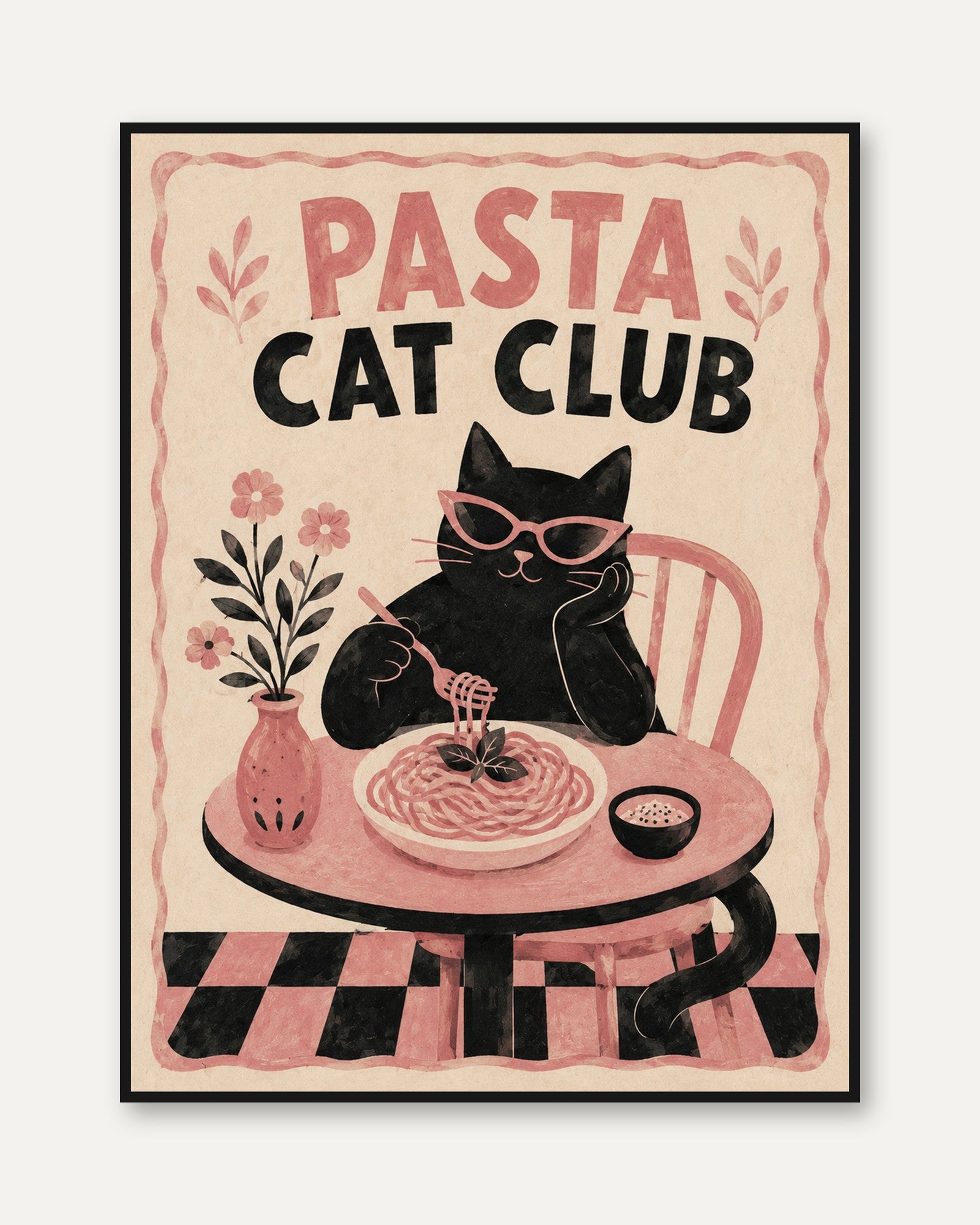 Pasta Cat Club Print – Retro Kitchen Wall Art - framed