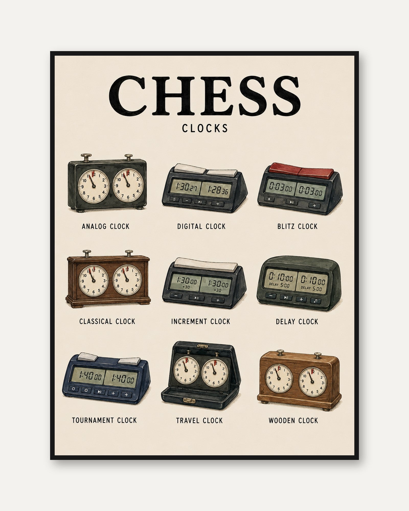 Chess Clocks Art Print: Vintage Game Timer Collection Poster - framed