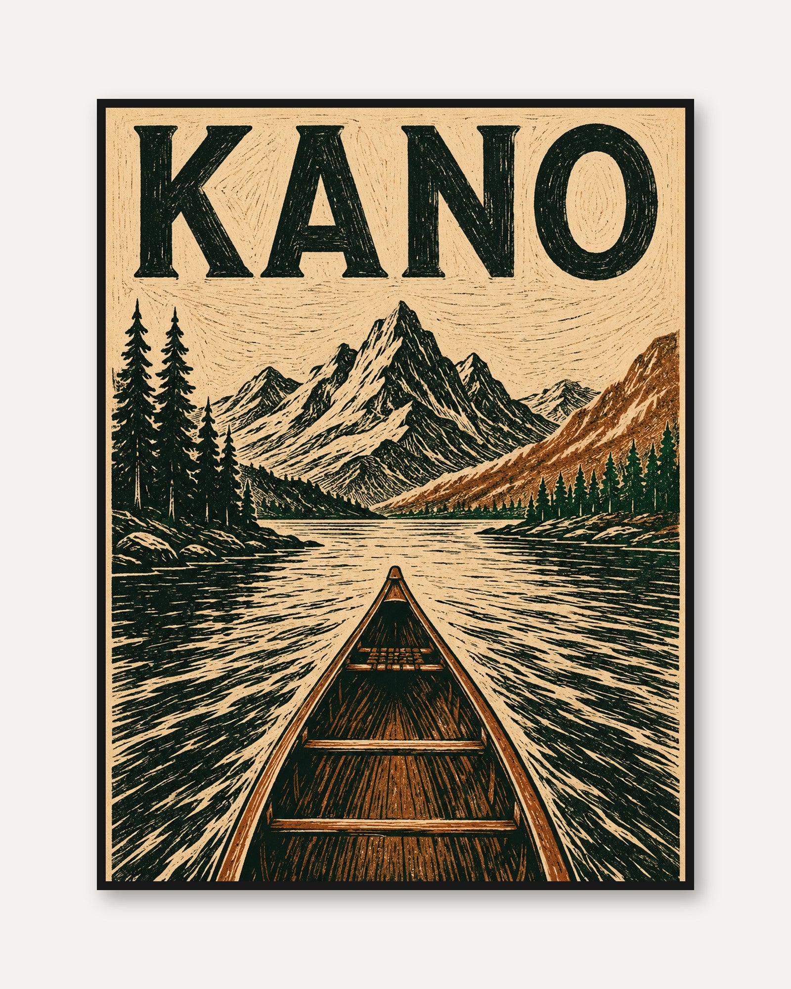 Canoe Wall Art – Vintage Mountain Lake Print - framed