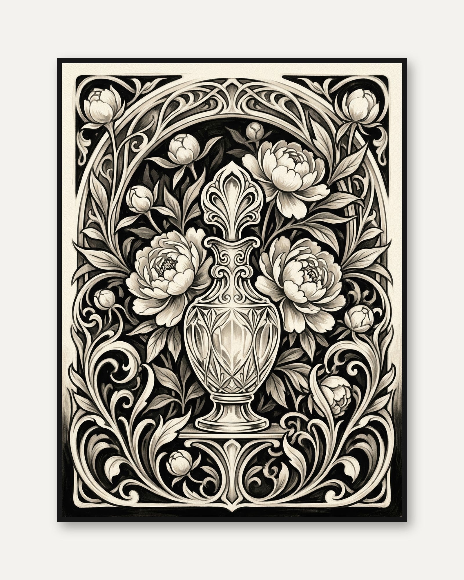 Art Nouveau Floral Vase Print – Ornate Botanical Urn - framed