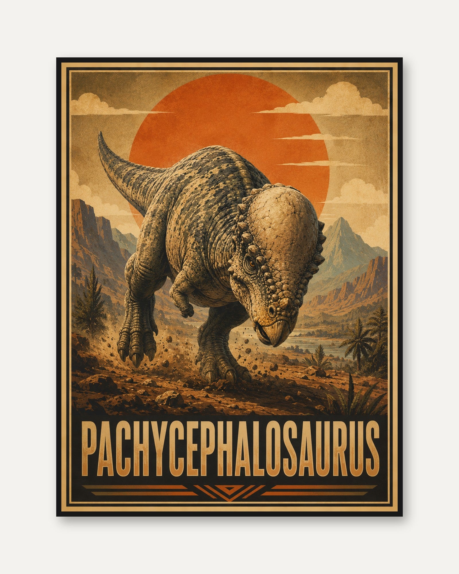Pachycephalosaurus Dinosaur Poster: Vintage Desert Sunset Art Print - framed