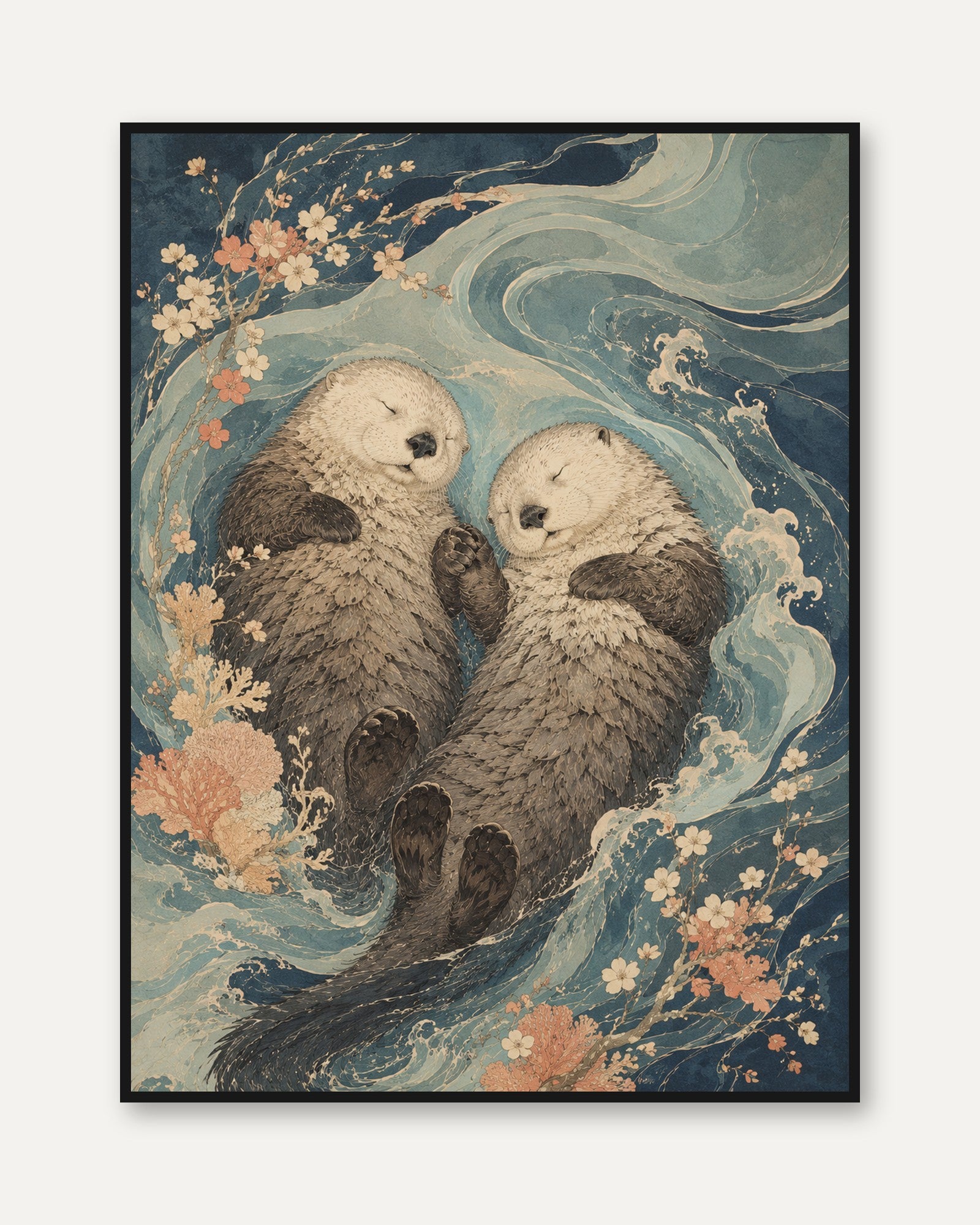 Sea Otters Art Print: Japanese Woodblock Style with Cherry Blossoms - framed