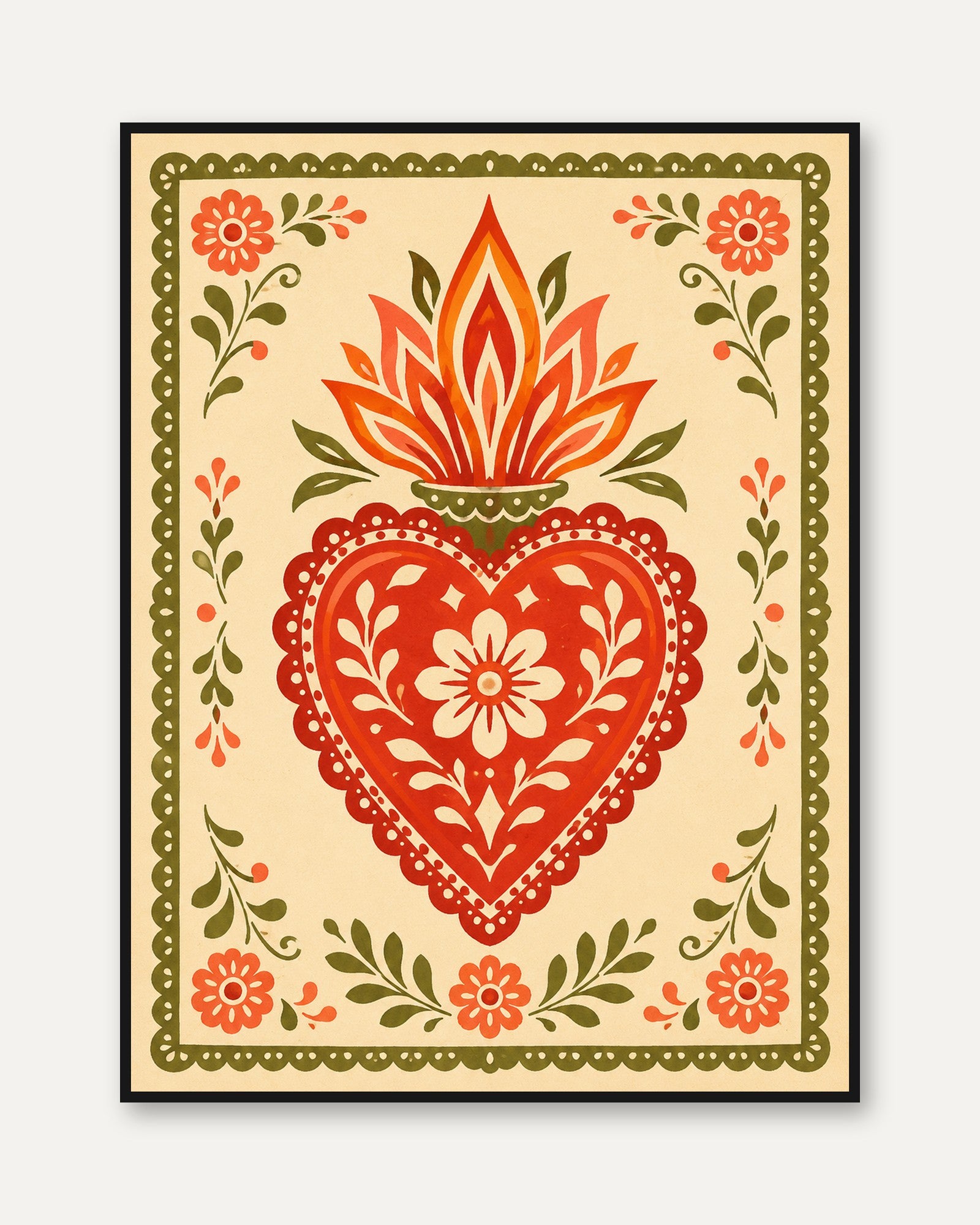 Folk Art Sacred Heart Print - framed