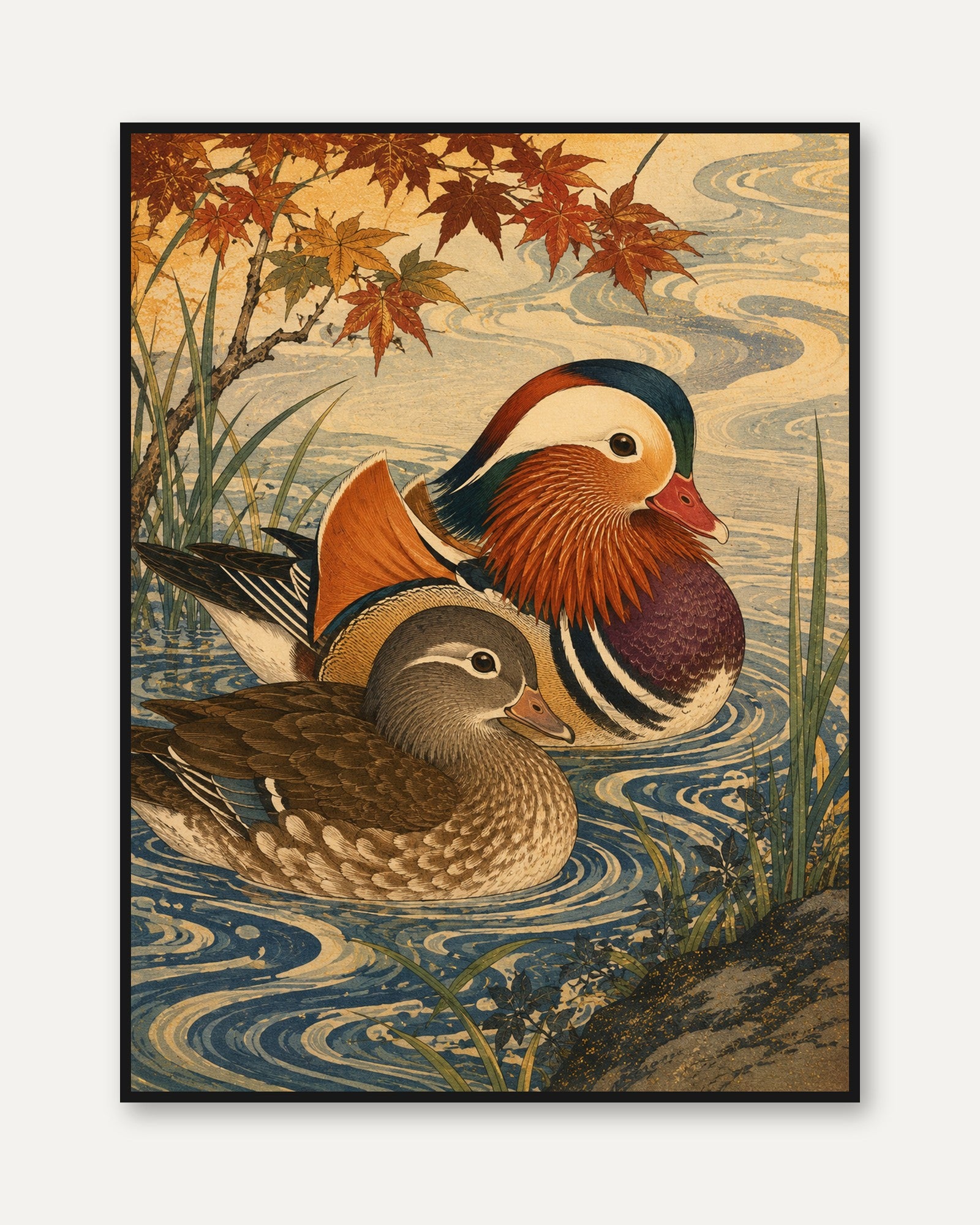 Mandarin Ducks in Autumn: Japanese Woodblock Style Art Print - framed