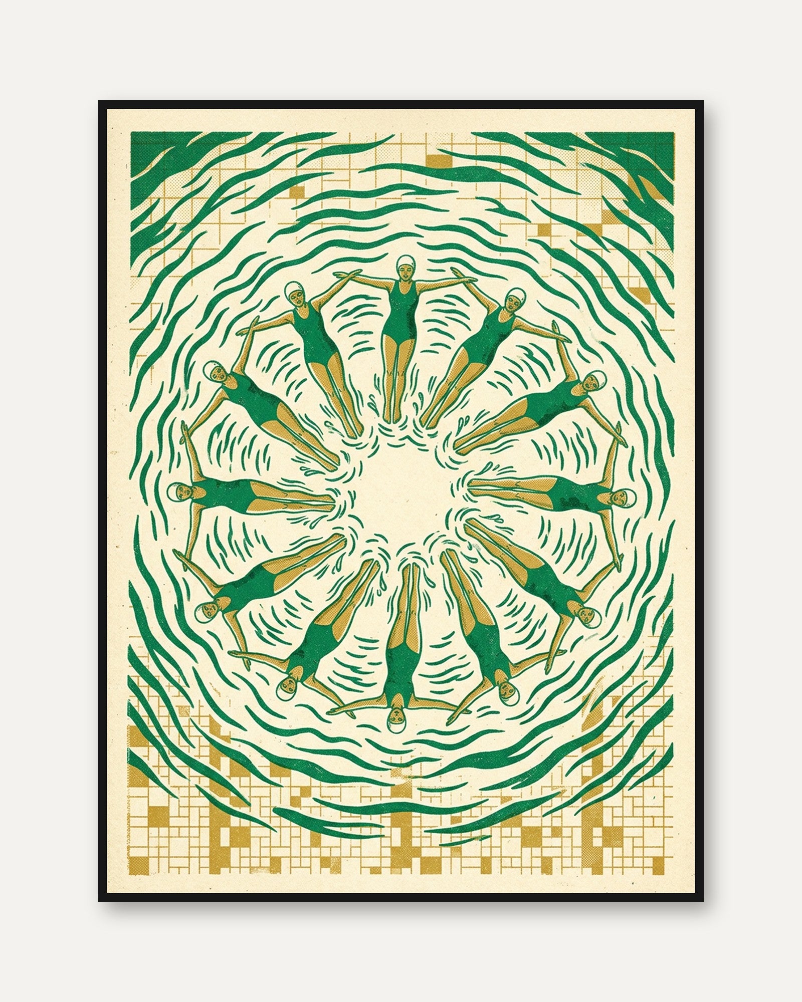 Synchronized Swimmers Art Print: Art Deco Green and Gold Design - framed