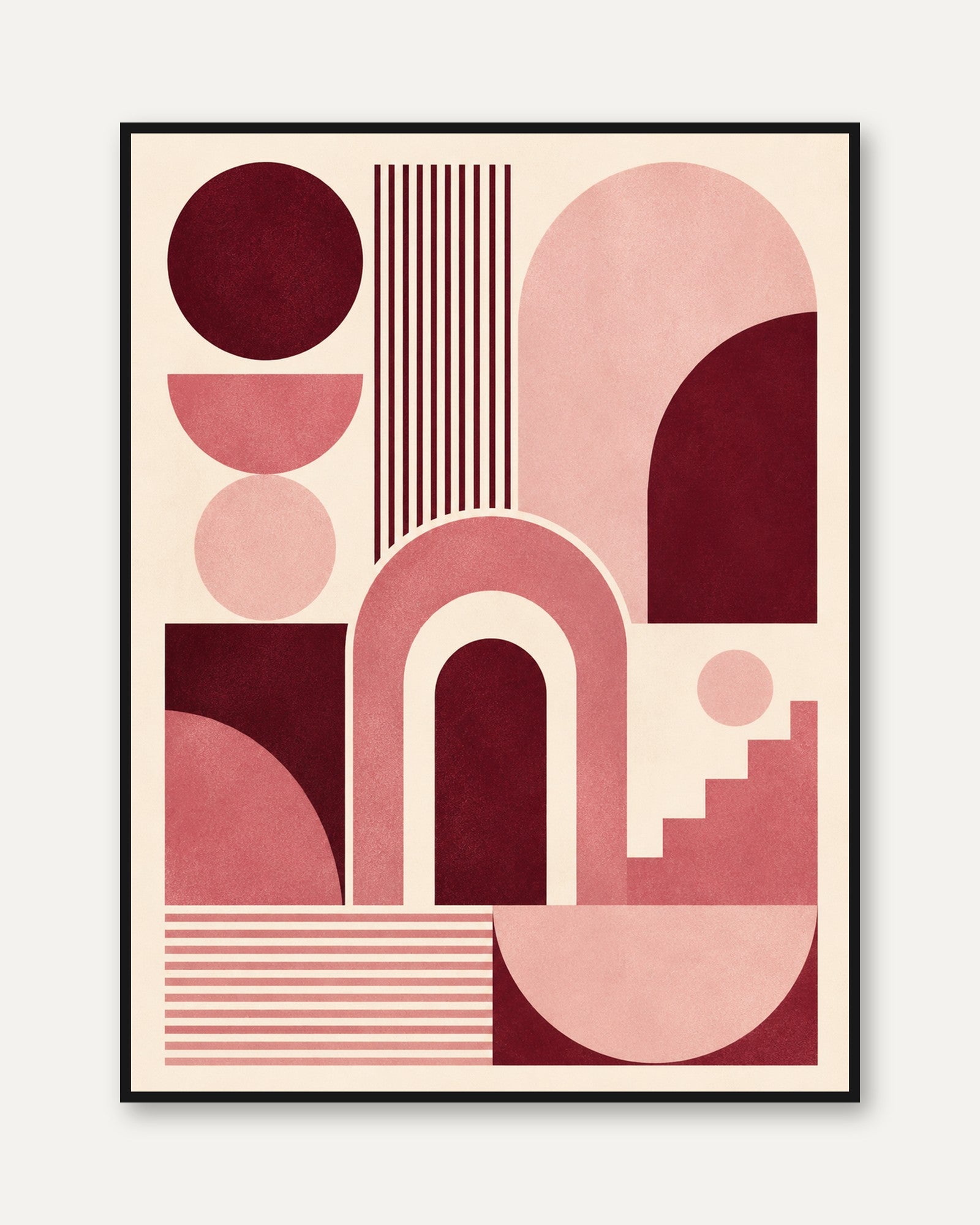 Geometric Abstract Art Print: Burgundy and Pink Bauhaus Design - framed