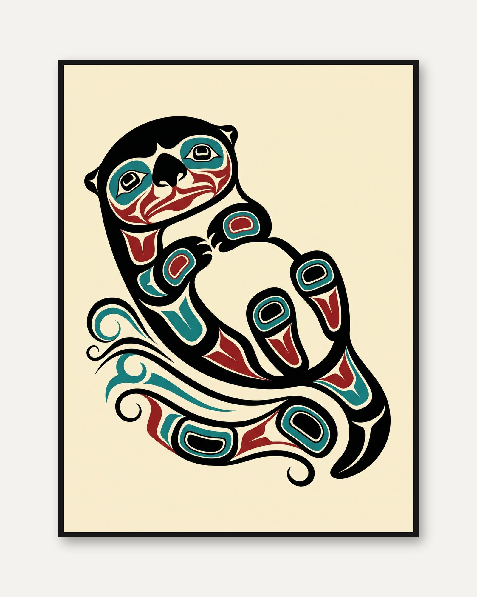 Otter Art Print: Pacific Northwest Coast Formline (Teal and Red) - framed
