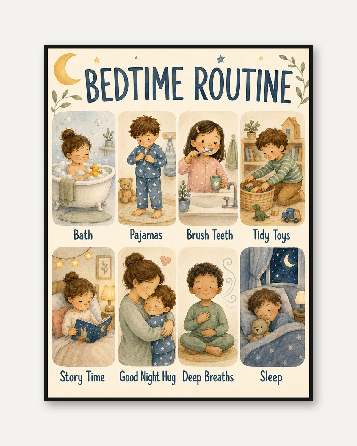 Bedtime Routine Chart: Watercolor Kids Art for Nursery & Bedroom - framed