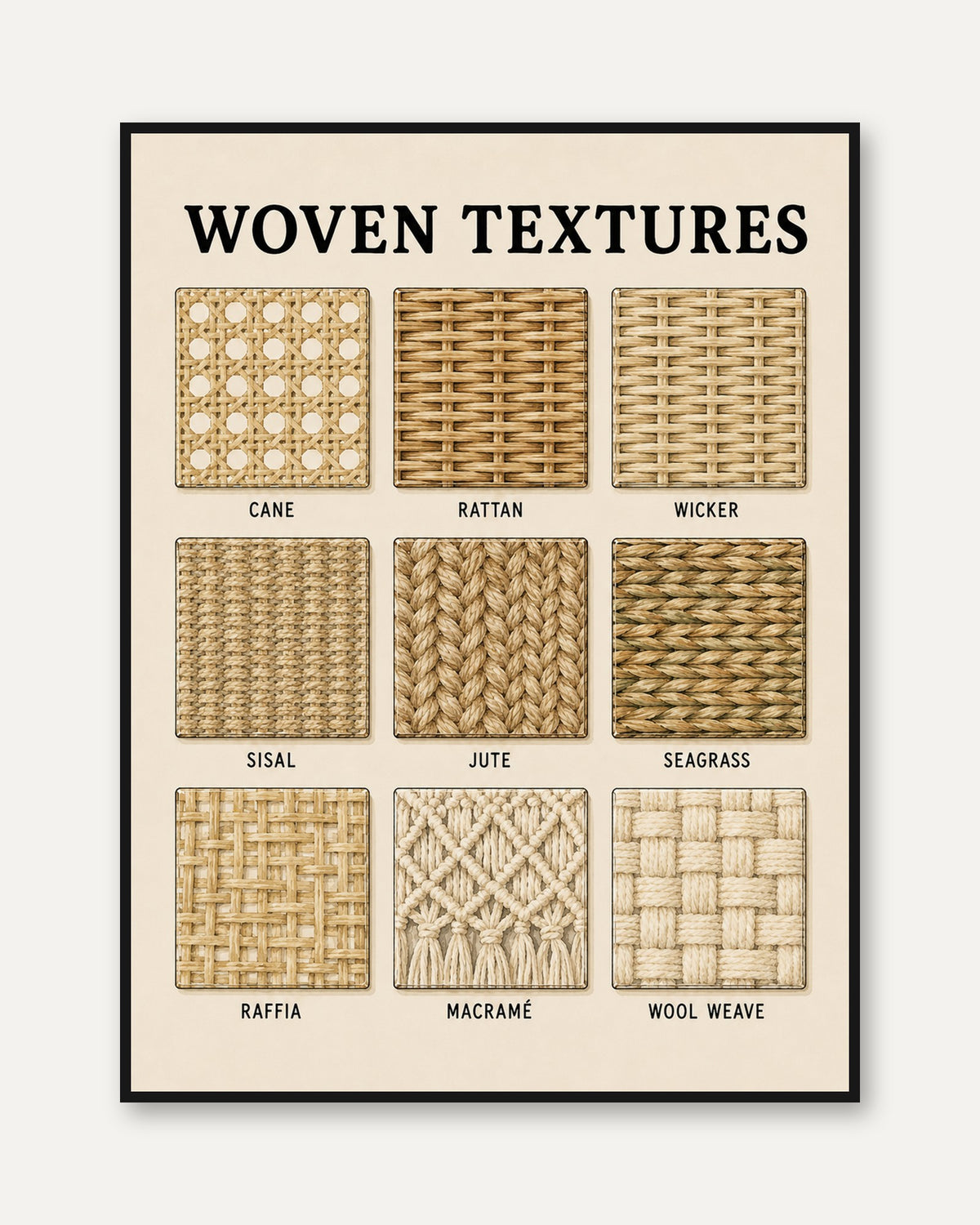 Woven Textures Chart Print: Natural Fibers for Boho Coastal Decor - framed