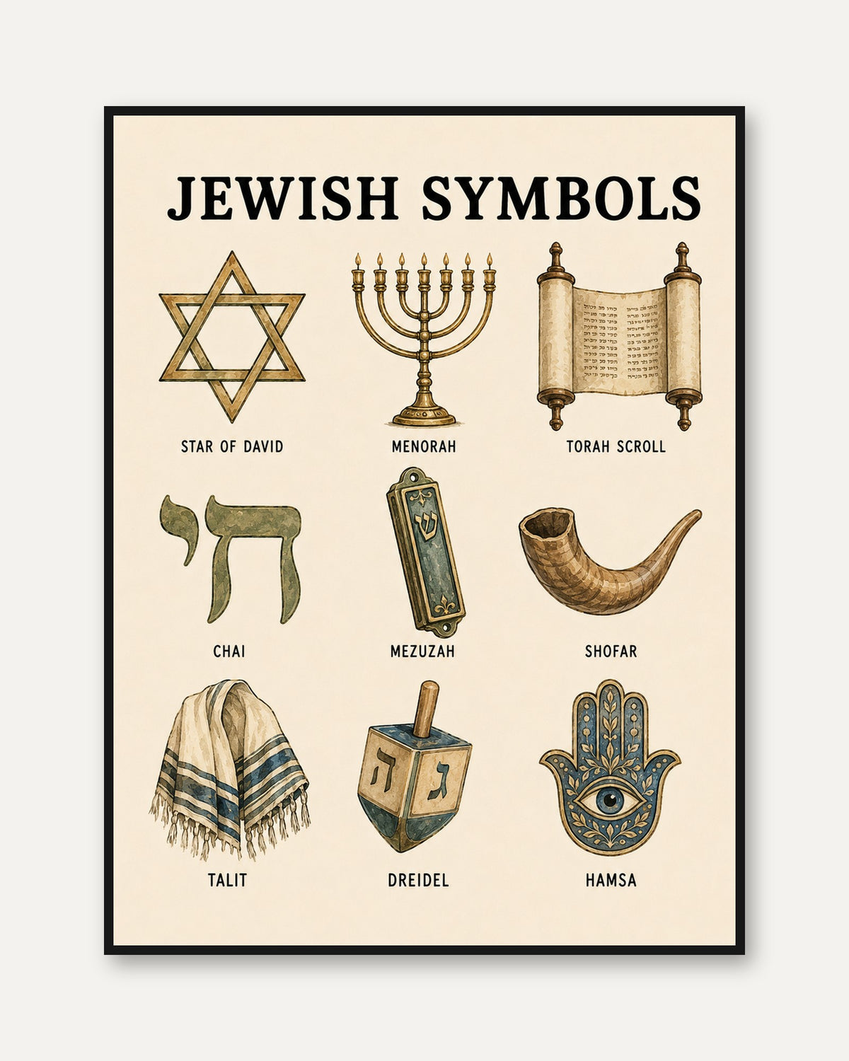 Jewish Symbols Print: Vintage-Inspired Educational Wall Art - framed