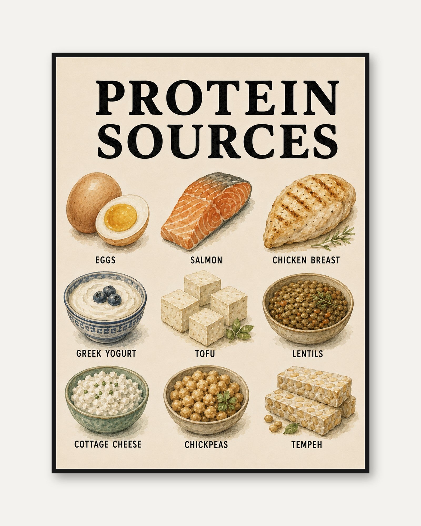 Protein Sources Poster – Kitchen Wall Art - framed