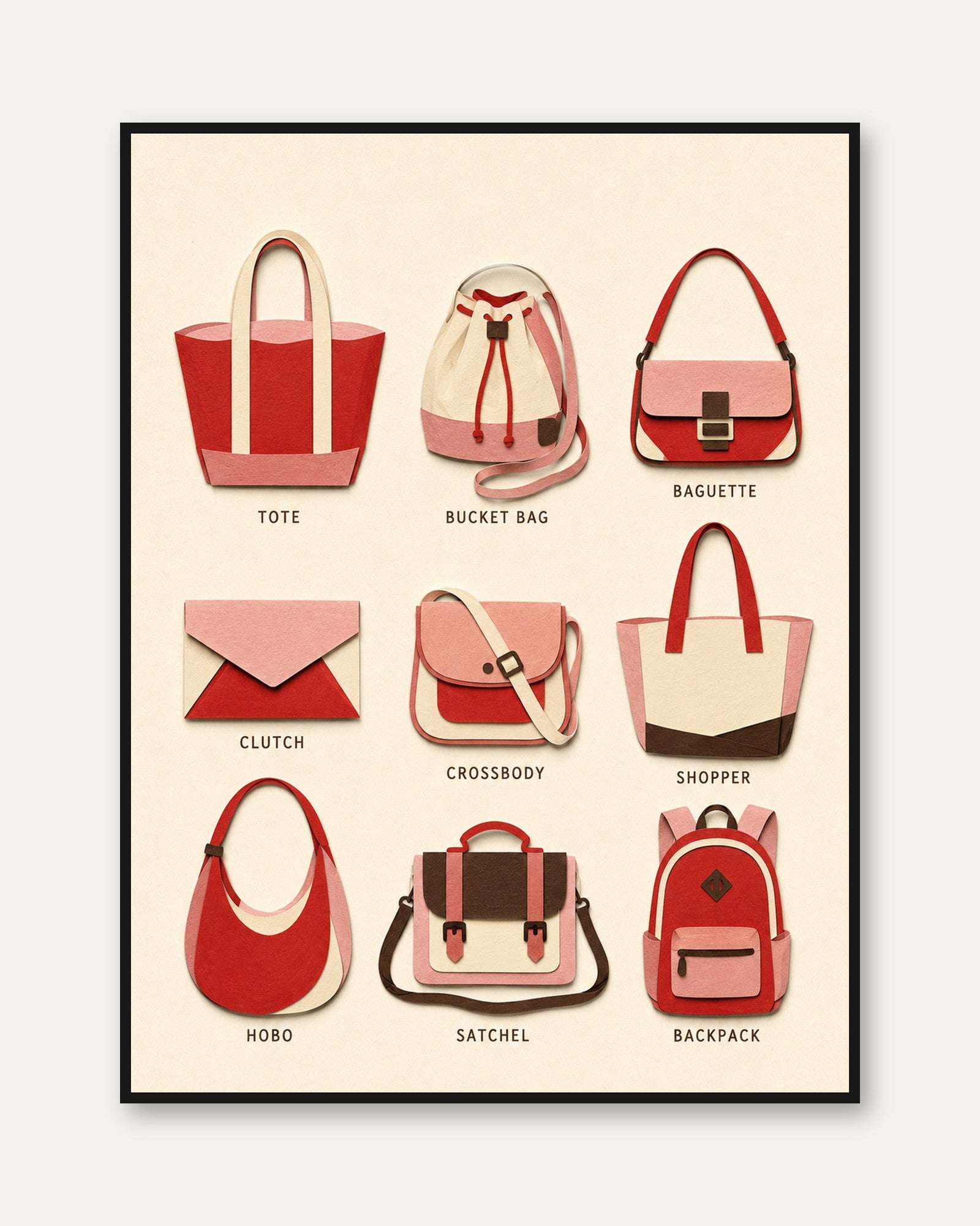 Vintage Handbag Collection Poster: Retro Fashion Illustration - framed