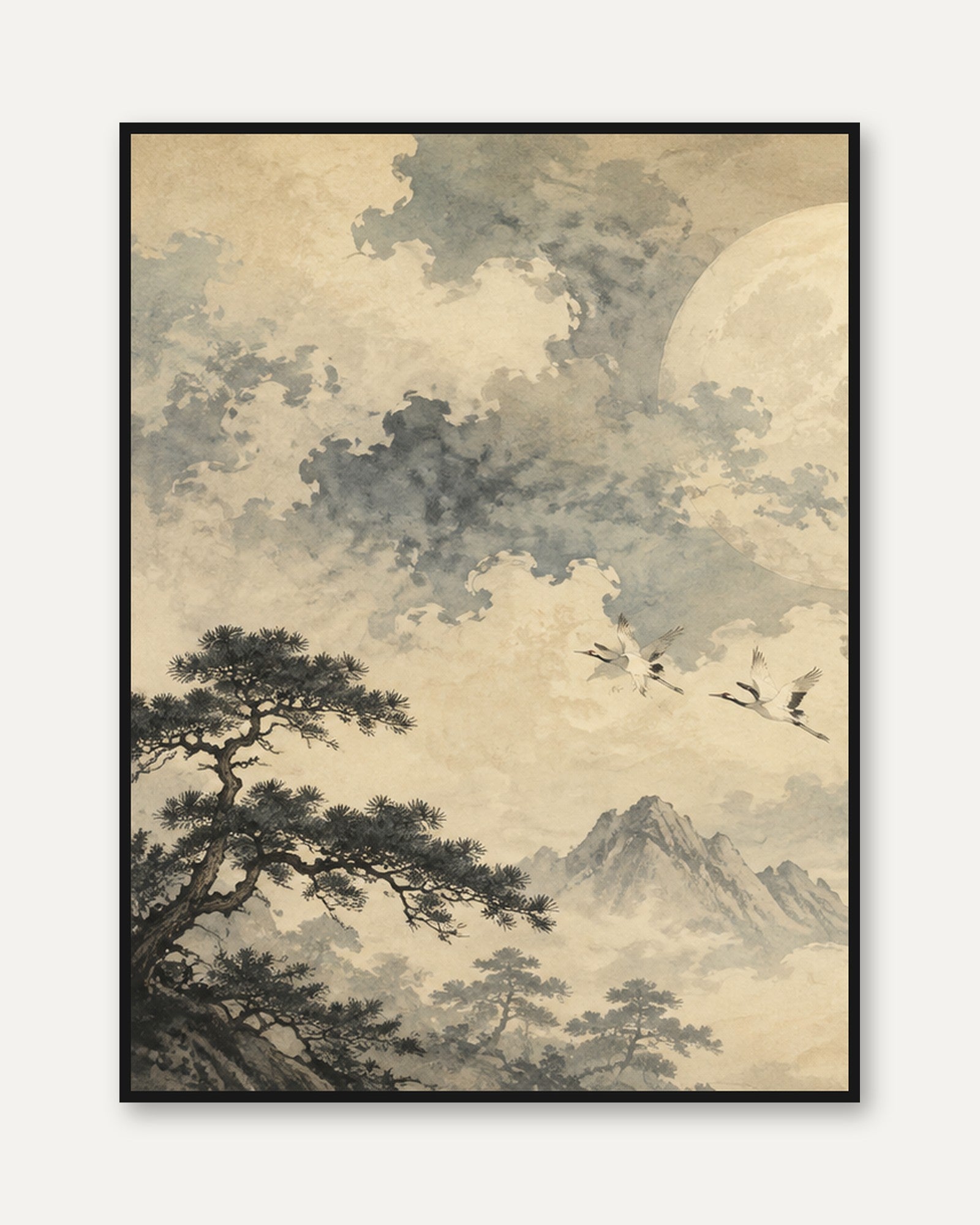 Japanese Moonlit Landscape Art Print: Pine Trees and Cranes - framed